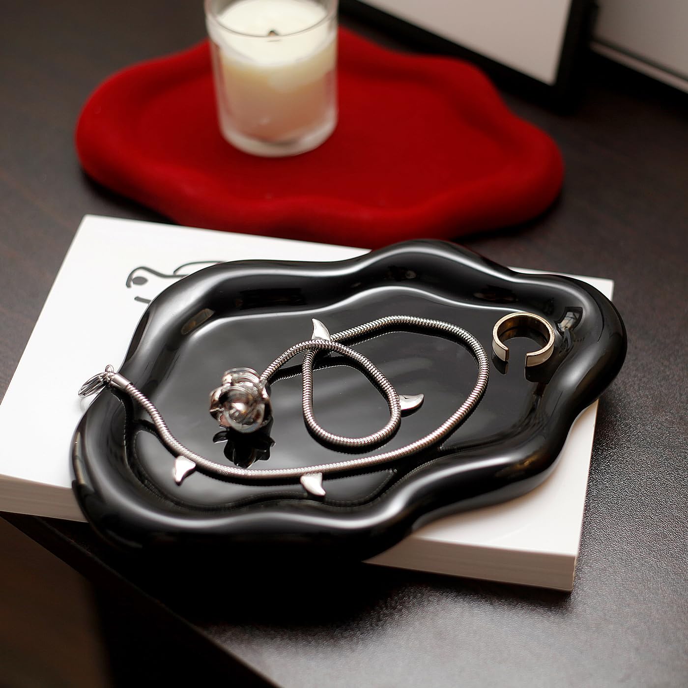 Jewelry Dish Trinket Tray for Women, Ring Dish Holder, Unique Cloud Shape Ceramic Plate Cute Things Vanity Aesthetic Room Decor Mother's Day Birthday (): Balck