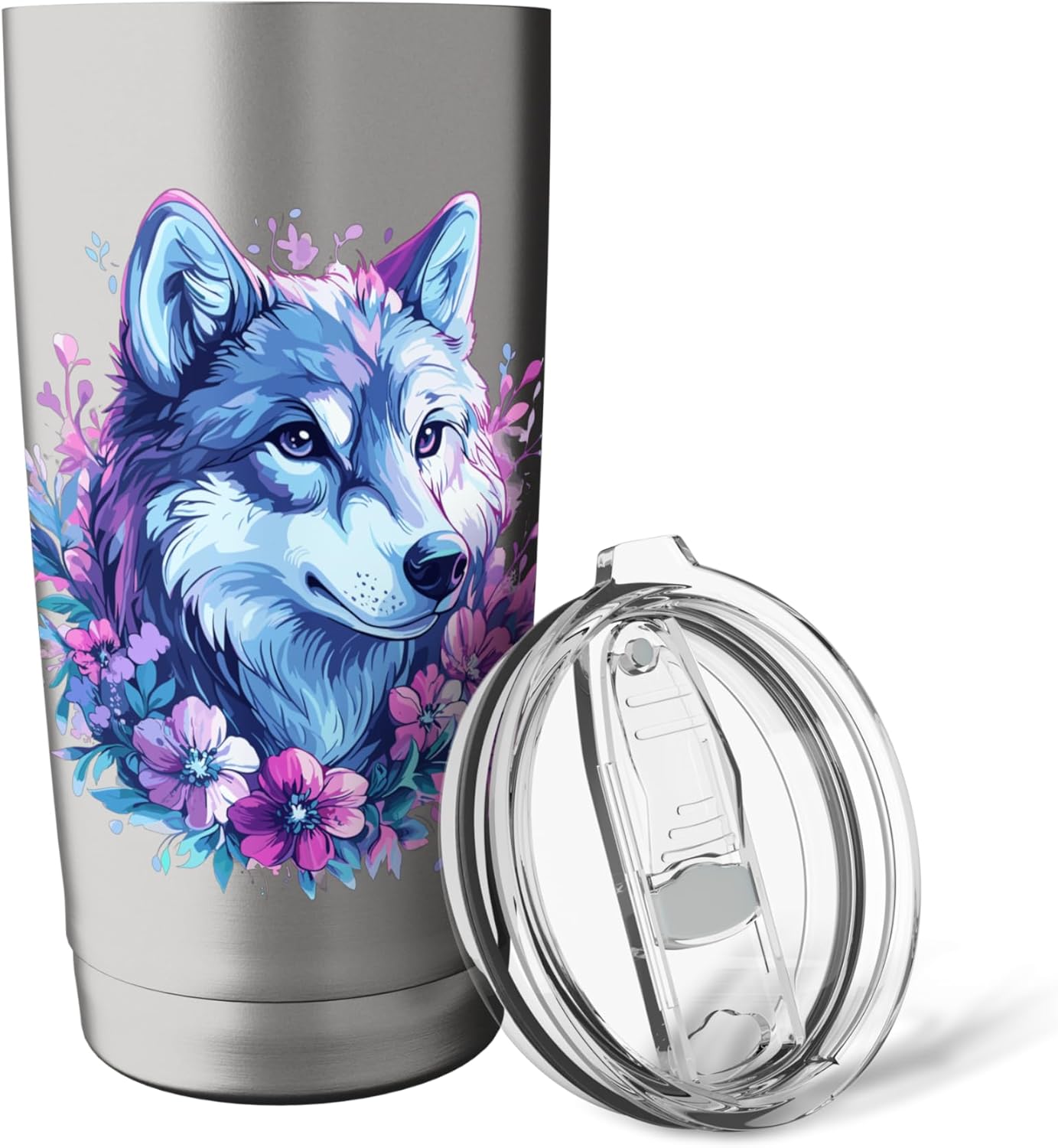 Wolf With Flowers Floral Wolf Nature Bloom Aesthetic Stainless Steel Insulated Tumbler - Image 5