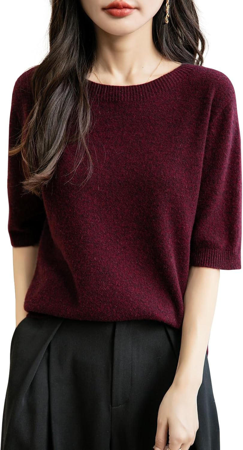 Chanyarn Women's 100% Merino Wool Spring Fall Winter First-Line Ready to Wear Seamless Knit Crewneck Short Sleeve Sweater