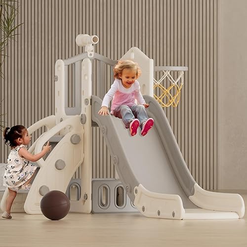 Miniatura 6 de XJD Tobogán 5 en 1 para niños pequeños de 1 a 3 años, juego para interiores y exteriores para niños pequeños con aro de baloncesto y pelota, espacio