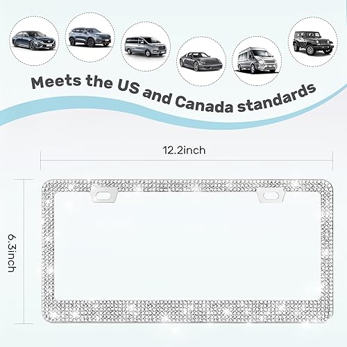 Vista 8 de Paquete de 2 marcos brillantes para matrícula, cubierta de matrícula de automóvil con diamantes de imitación brillantes para mujer, accesorios