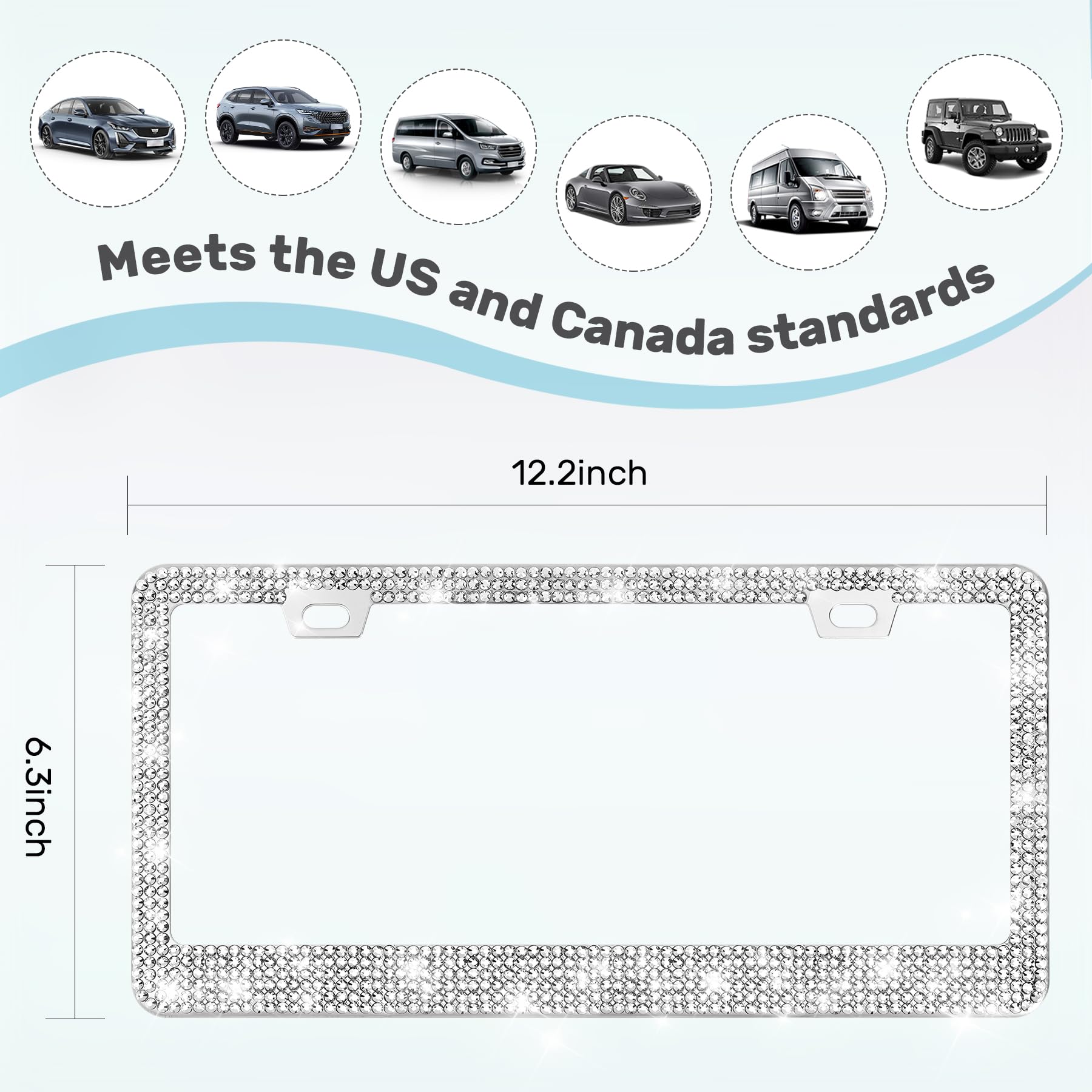 2 Pack Bling License Plate Frames Sparkly Rhinestone Diamond Car License Plate Cover for Women Stainless Steel Car — view 2