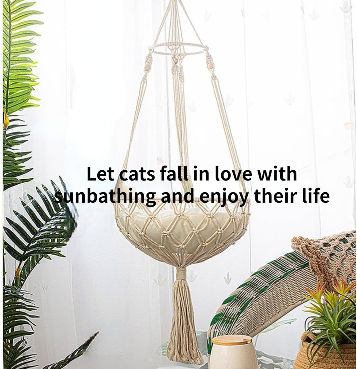 review Cat Hammock, Handwoven Hanging Boho Cat Bed for Indoor Outdoor Home Decor for Playing Sleeping Climbing and Lounging with Cushion (Yellow)