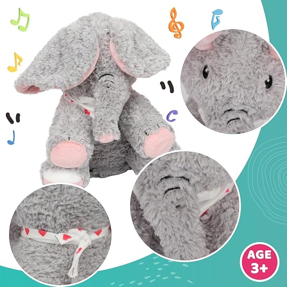 Peek A Boo Elephant Interactive Plush Toy with Moving Ears Musical Singing Talking Stuffed Animal Adorable Electric Animate Christmas Birthday Gifts for Girls Boys