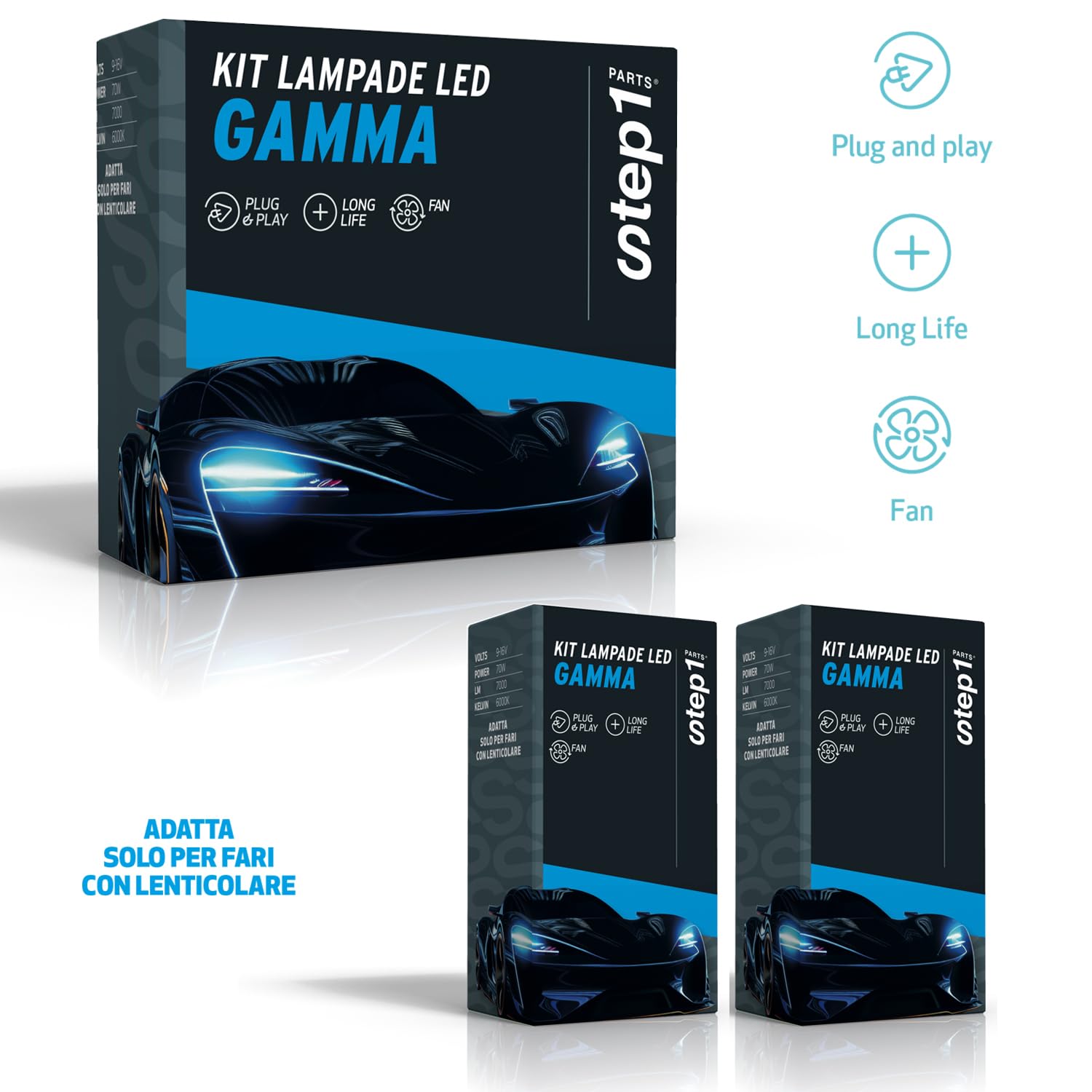 Generico Kit Lampade a LED 6000K GAMMA per fari LENTICOLARI Automobili ad alta potenza 70W Plug & Play 7000 Lumen STEP1 (H7)