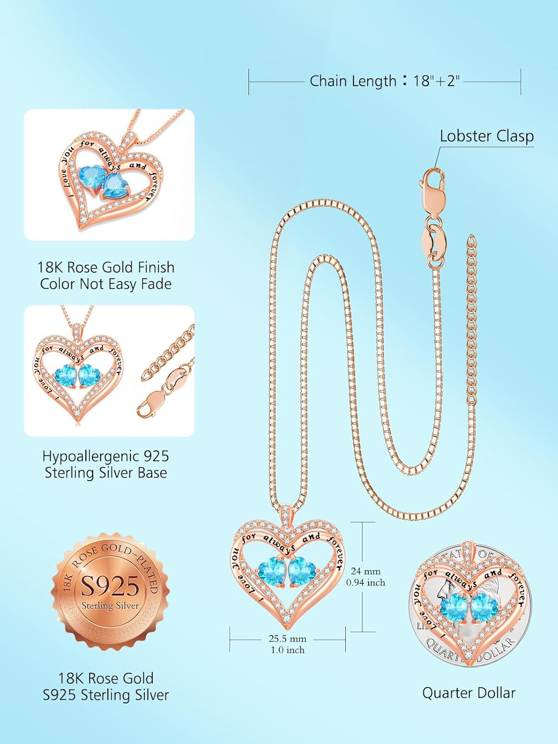 Heart Pendant Necklace I Love You for Always and Forever 12 Months Birthstone Necklace 18k Rose Gold Plated Double Heart Necklace Christams Valentine's Day, Mother's Day, Birthday - Image 5