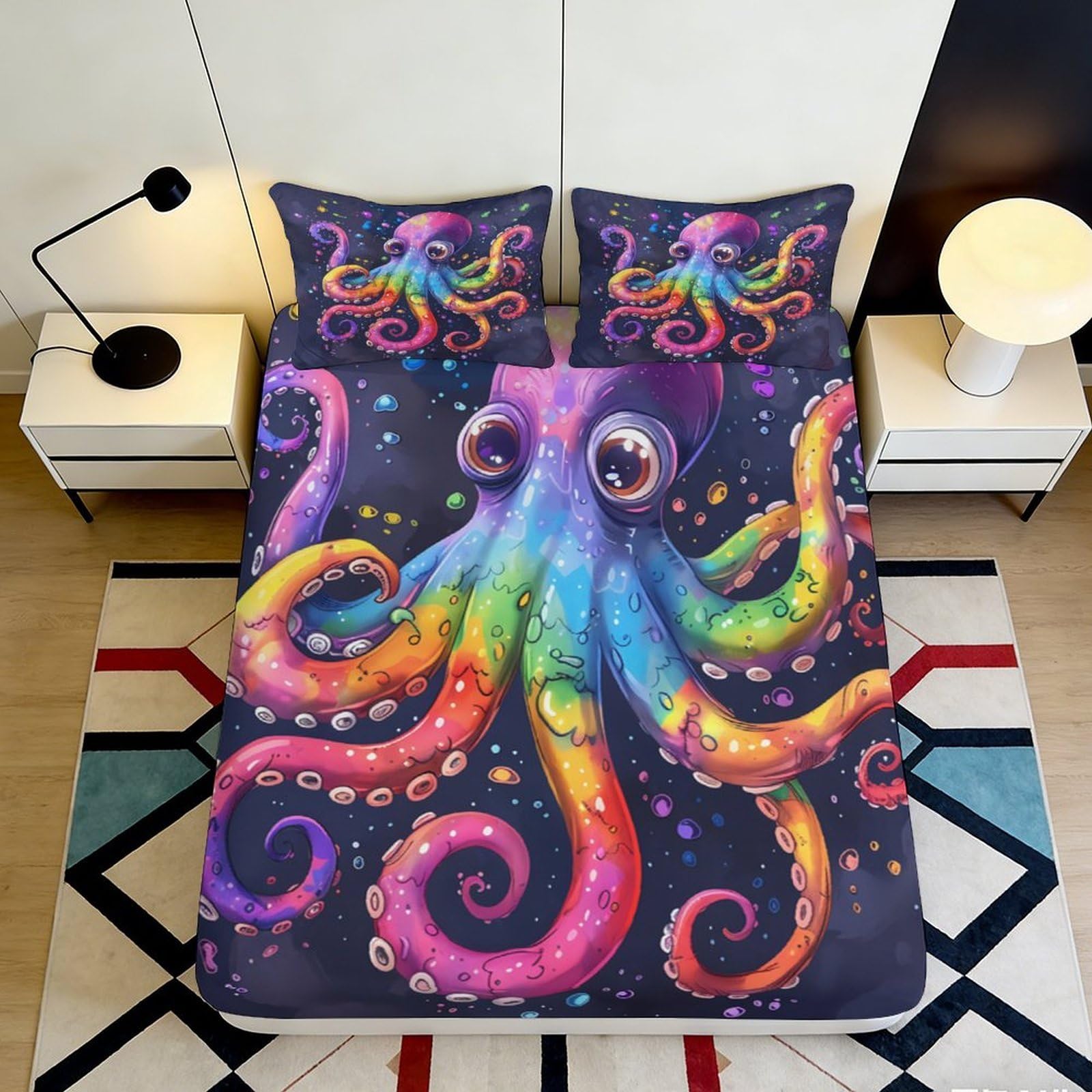 Pnayamiorkfel Style-7 3D Printed Rainbow Octopus Fitted Sheet Microfiber Anti-Slip Vibrant Sea Creature Bed Sheet For Bedroom Guest Room 90X200x25cm