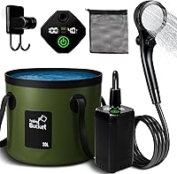 Motivekit Portable Camping Shower: 6000mAh Rechargeable Pump, 5.3Gal Foldable Bucket, Adjustable Filtered Head for Beach, Hiking, RV, Pets