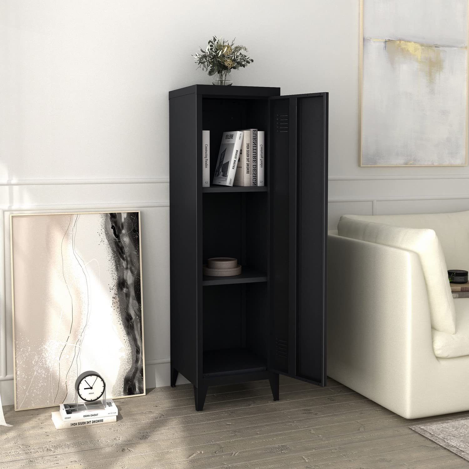 FurnitureR Almacenamiento Carpetas con Cerradura, Armario de Metal, Todo en Hierro, con Puertas Planas, 3 Compartimentos Grandes, para Garaje, Oficina, Color Negro, 38.5 x 38.5 x 137.5cm