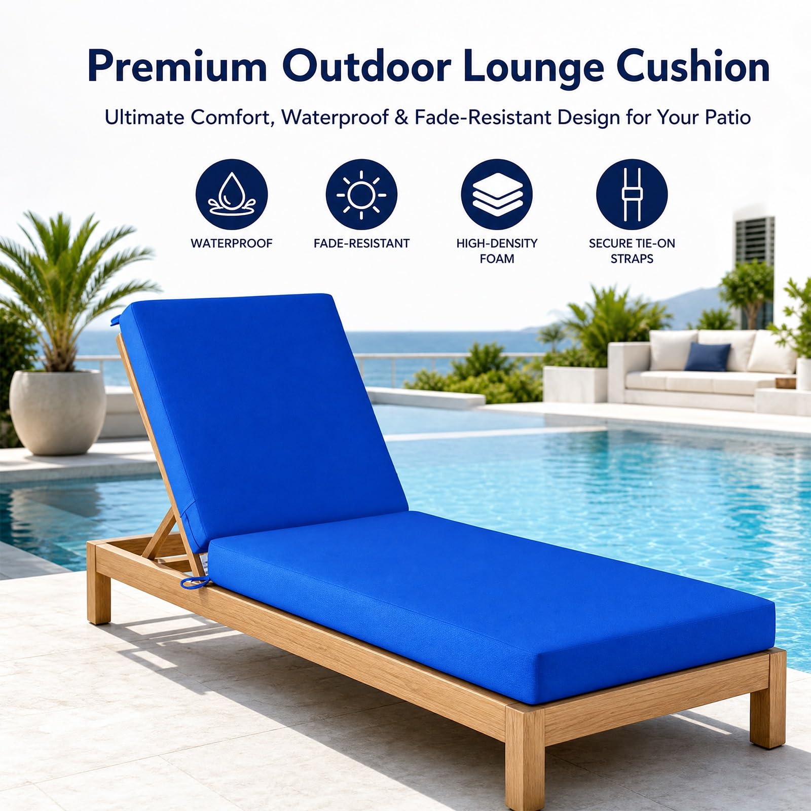 Coussin Bain de Soleil Étanche, Coussin Transat avec Sangles, Coussin Transat Exterieur UV Polyester, Matelas Bain de Soleil Pliable Démontable pour Chaise Longue(White,190 X 60 X 3cm)
