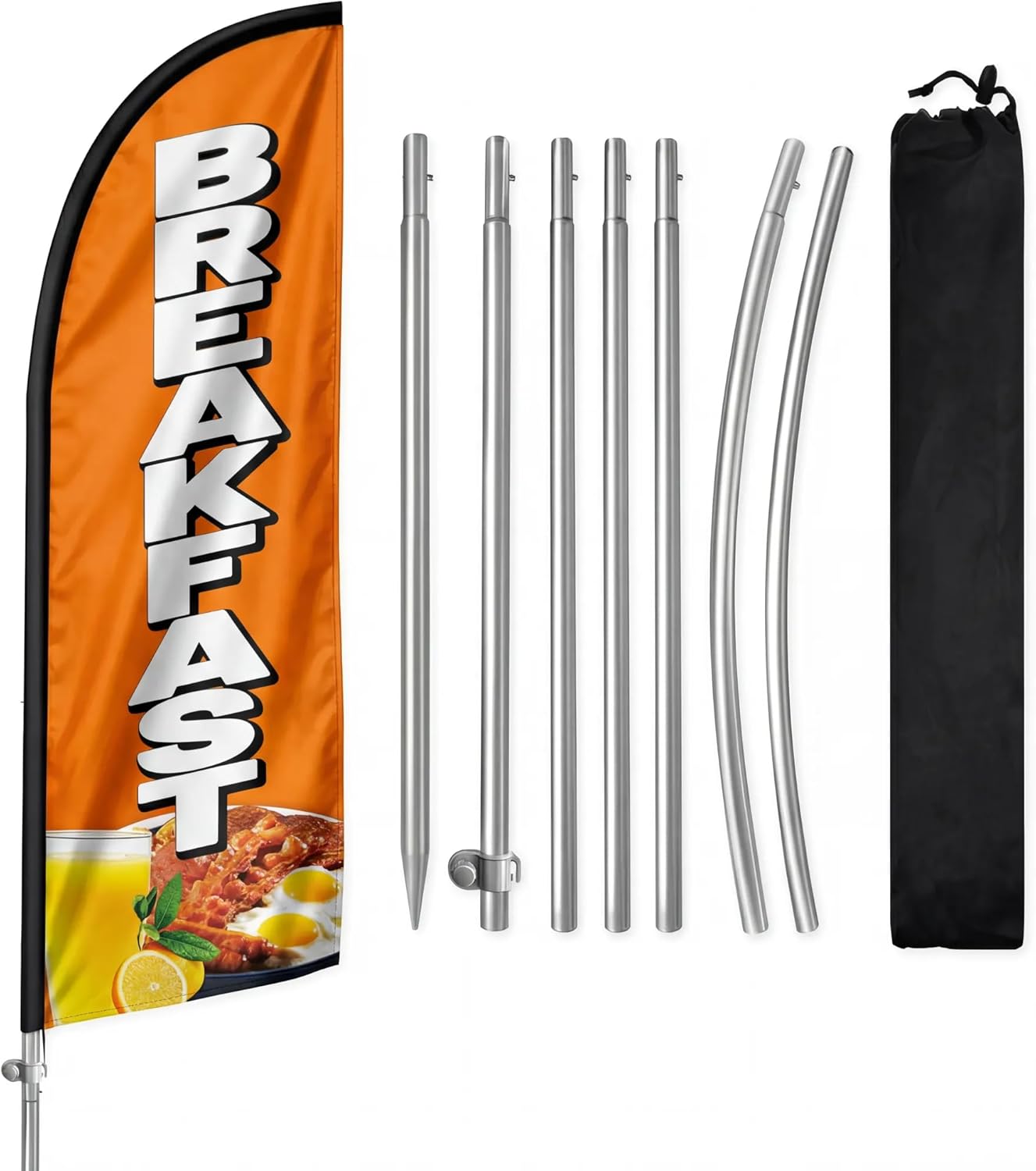 8FT Breakfast Swooper Flag, Portable Breakfast Signs with Stainless Steel Flagpole, Ground Stake, Eye-Catching Business Flag Banner for Store Advertising