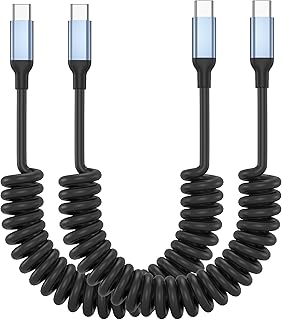 USB C Spiral Cable Short 60 W USB C Cable Car Charging Cable for iPhone 15 16 Pro Max, Pack of 2 [30 CM-1M] PD3.0 USBC to USBC Short Fast Charging Cable for Samsung Galaxy S24 S23