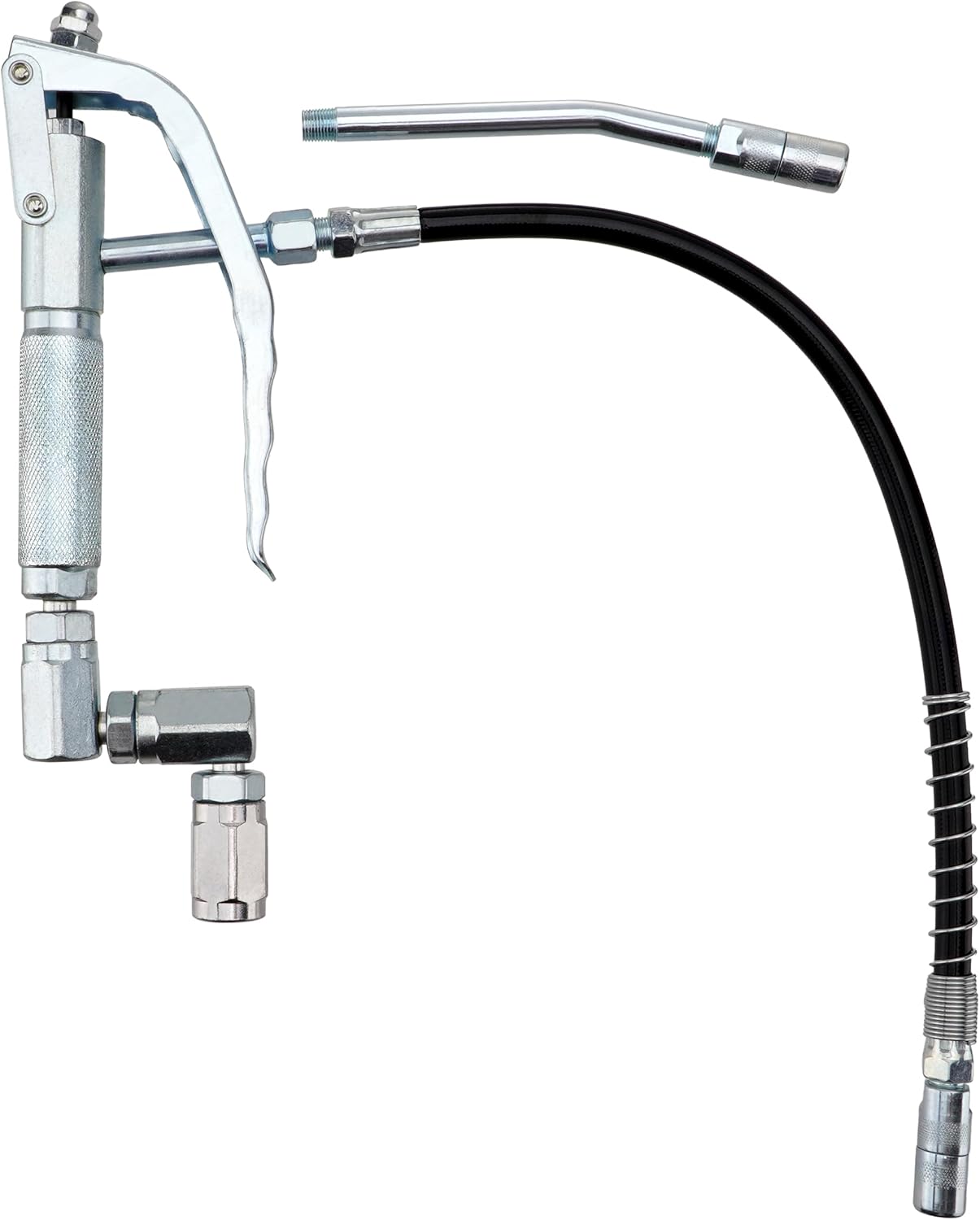 Grease Control Handle Valve for Grease Pump, 18" Flexible Spout with 4 Jaws Coupler, 1/4" NPT(f) Inlet Thread, 7500 PSI Max Working Pressure, 360 Degree Z Swivel Design