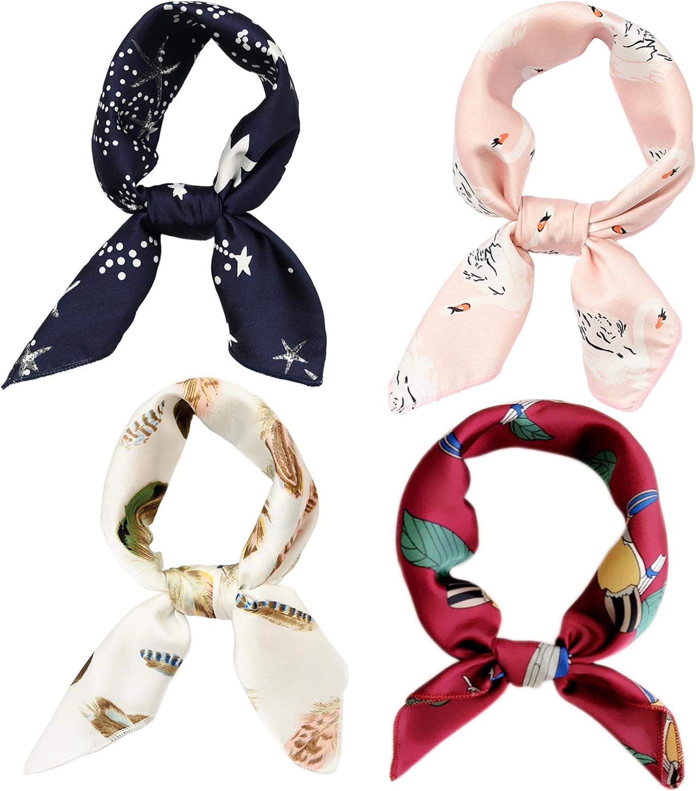 4 PCS 50s Satin Neck Scarf Dots Floral Striped Small Square Neckerchief Headbands Head Scarf for Women Girl