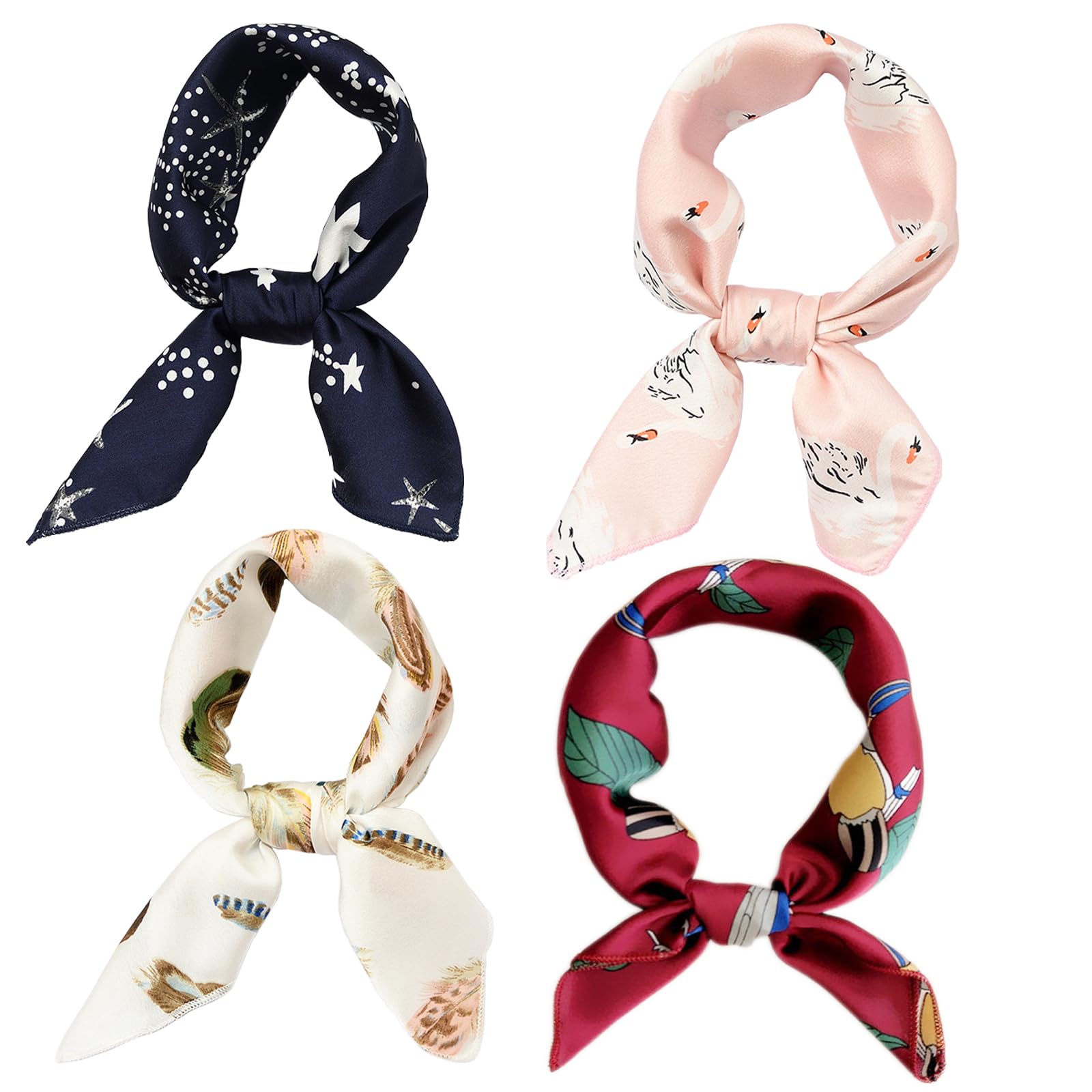 4 PCS 50s Satin Neck Scarf Dots Floral Striped Small Square Neckerchief Headbands Head Scarf for Women Girl