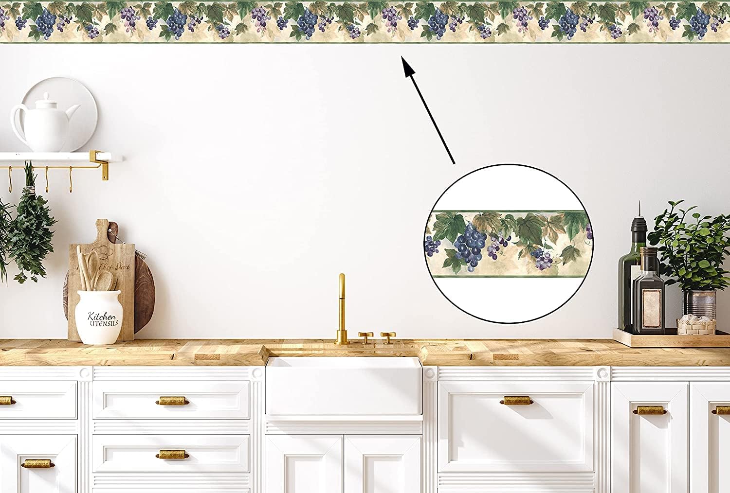 CONCORD WALLCOVERINGS ™ Classic Kitchen Wallpaper Border Featuring Leaves and Grapes, Colors Green Purple Beige Size 7 Inches by 15 Feet TK6412B