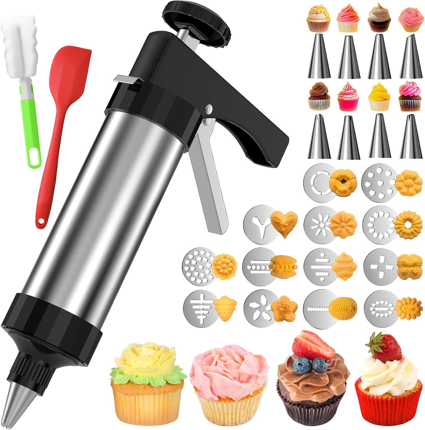 Cookie Press, Cookie Maker, Stainless Steel Cookie Press Kit with 13 Cookie Discs & 8 Icing Nozzles, Spritz Cookie Press for Making & Decorating Cookies Sets
