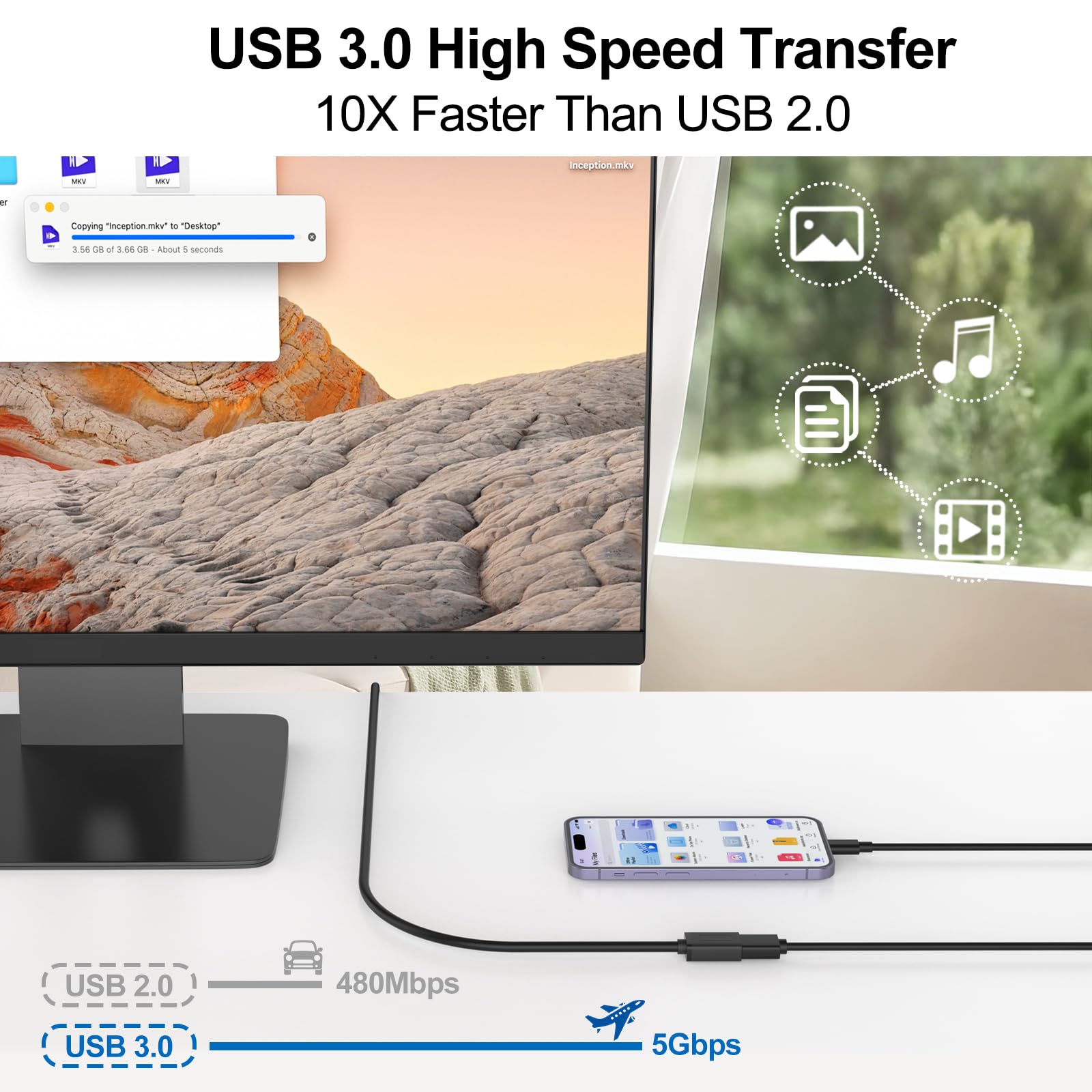 Vancle Cable Alargador USB 3.0 5 GB/s 1M, Cable de Extensión Tipo A Macho a Hembra, para Cámara Impresora Ordernador Ratón Teclado Hub Pendrive y Otros (1 Pack) — view 3