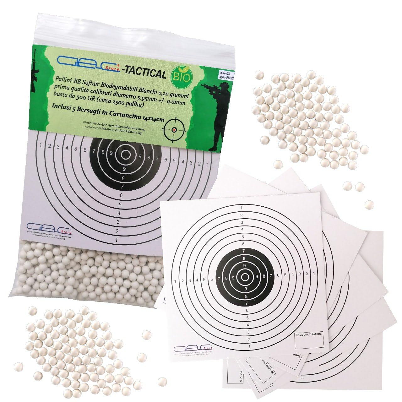 Pallini BB in Busta Biodegradabili Bio 500gr da 6mm per Softair Verdi Bianchi 0,20 0,23 0,25 Grammi con 5 Bersagli in Cartoncino 14x14 - 1