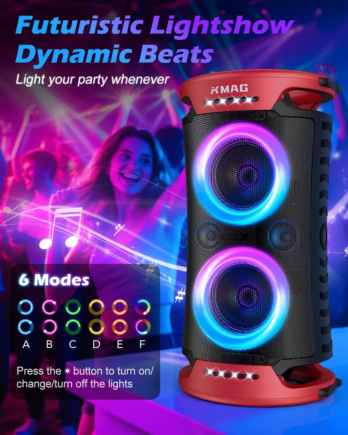 KMAG Large Party Bluetooth Speaker, 260W Peak Powerful Loud Sound with Deep Bass, 15Hr Playtime, Fast Charge, RGB Cool Light Show, TWS, Portable for Outdoor Beach, Camping, Backyard, Work, Home (Red)