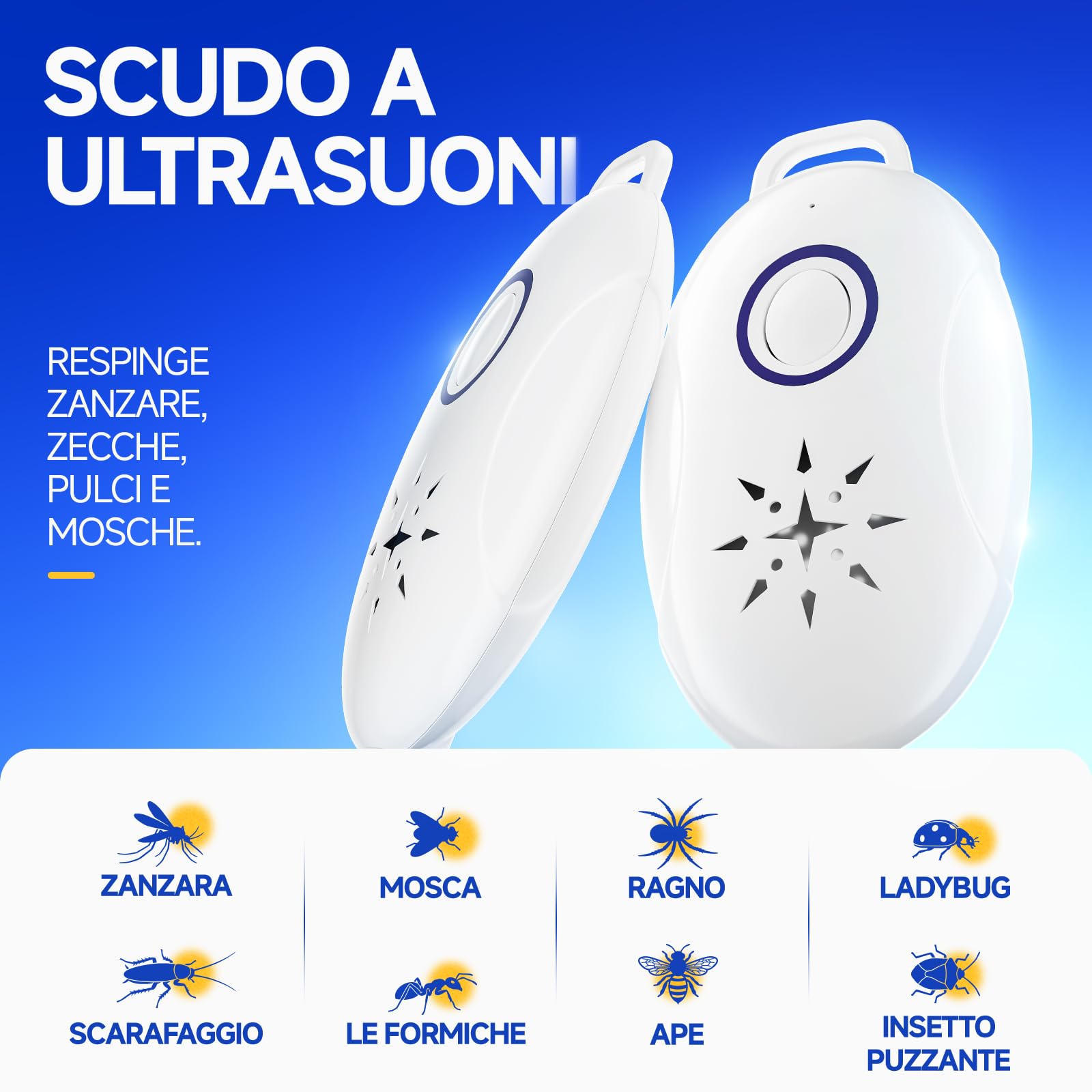 Repellente ad ultrasuoni per parassiti e zanzare, silenzioso, portatile, ricaricabile, per uso indo/esterno, campeggio, passeggiate repellente per zanzare ad ultrasuoni, confezione da 4 pezzi