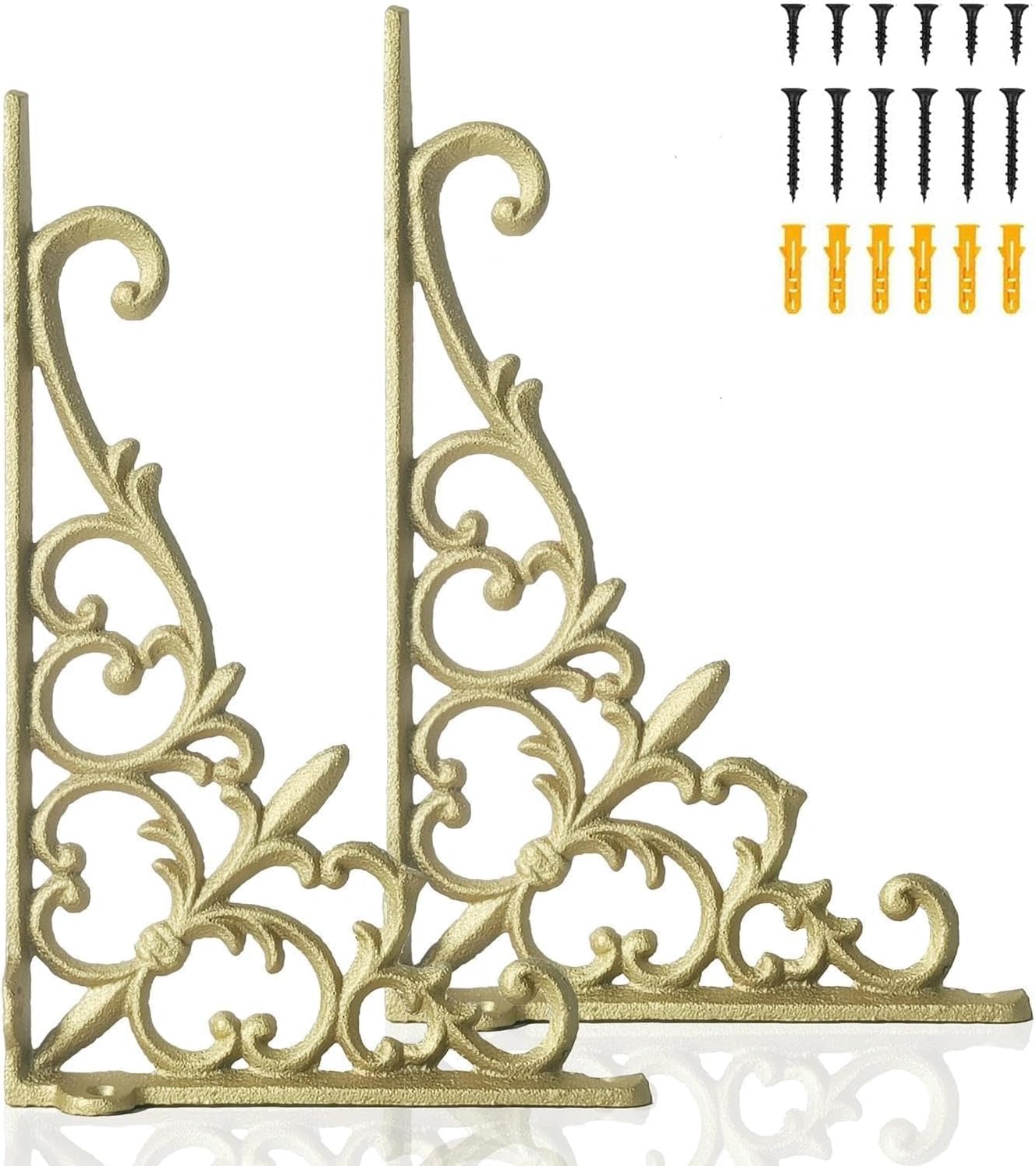 Z Metnal Decorative Shelf Brackets, 6 x 9 inch, Cast Wrought Iron Metal Mailbox Bracket, 90° Right Angle Victorian Brackets, Wall Decor, Modern Shelving Bracket for DIY Floating Shelves, Gold, 2 Pcs