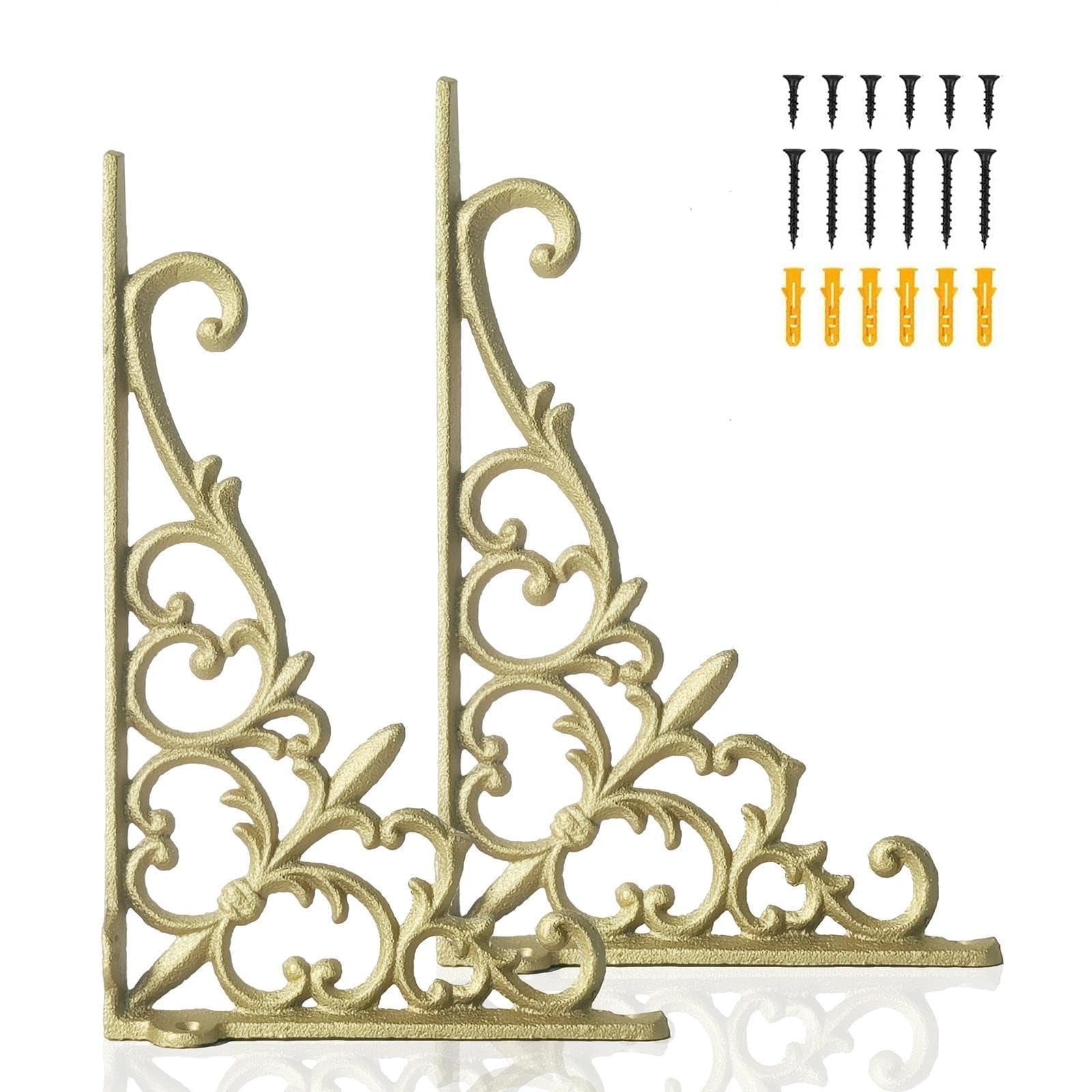 Z Metnal Decorative Shelf Brackets, 6 x 9 inch, Cast Wrought Iron Metal Mailbox Bracket, 90° Right Angle Victorian Brackets, Wall Decor, Modern Shelving Bracket for DIY Floating Shelves, Gold, 2 Pcs-image-43