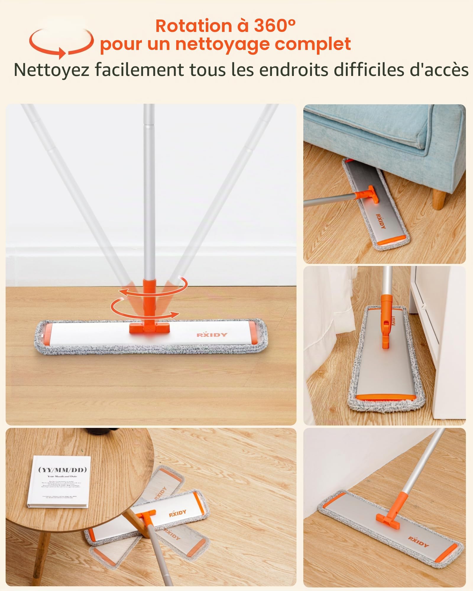 Balai Serpillère Professionnel Balais Nettoyer Sol avec 4 Tampons Lavables Réutilisables Serpillere Balai pour Le Bois Dur, Le Stratifié, Le Bois