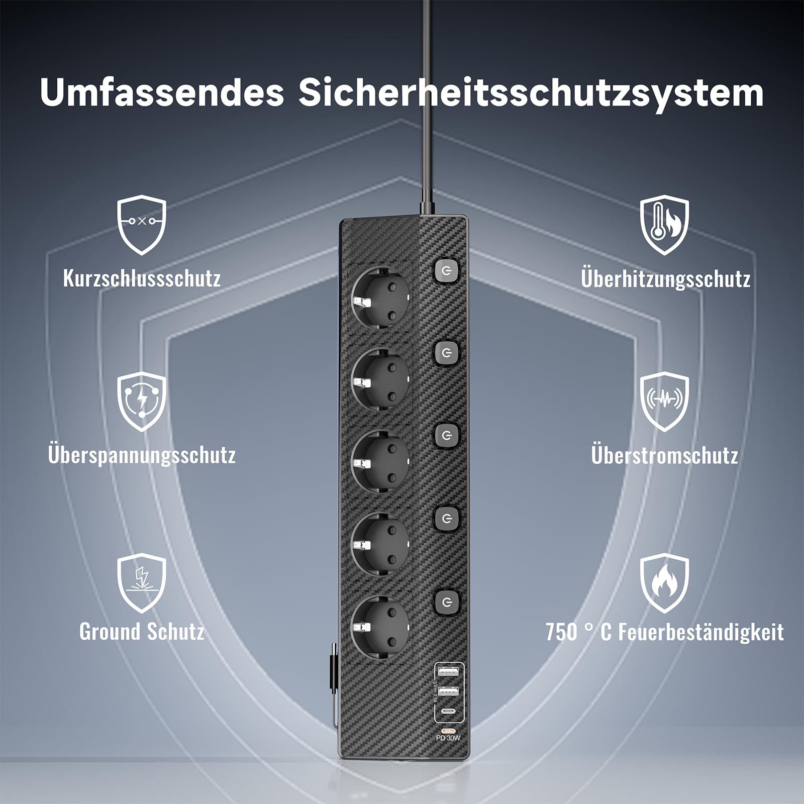 Ciabatta da tavolo con 2 USB C (PD 30 W), 5 prese multiple con interruttore, ciabatta con USB, 4000 W/16 A, cavo da 2 m, per casa, ufficio e viaggi (nero, 3 m e 30 W)