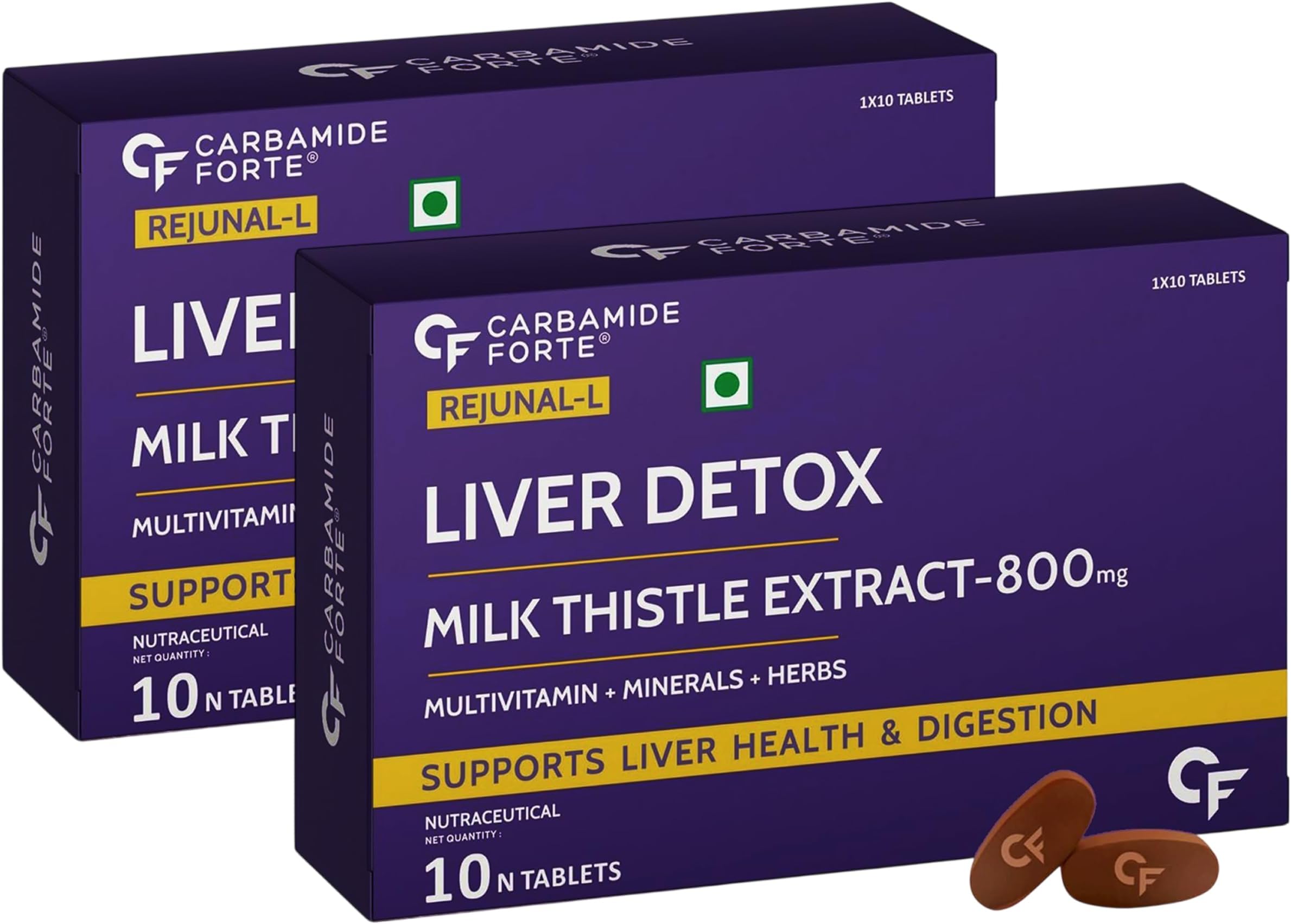 Carbamide Forte Liver Support Supplement with Milk Thistle Extract 800mg (30:1), Multivitamins & Amino Acid | Liver Detox Supplement 10 Veg Tablets (Pack of 2)