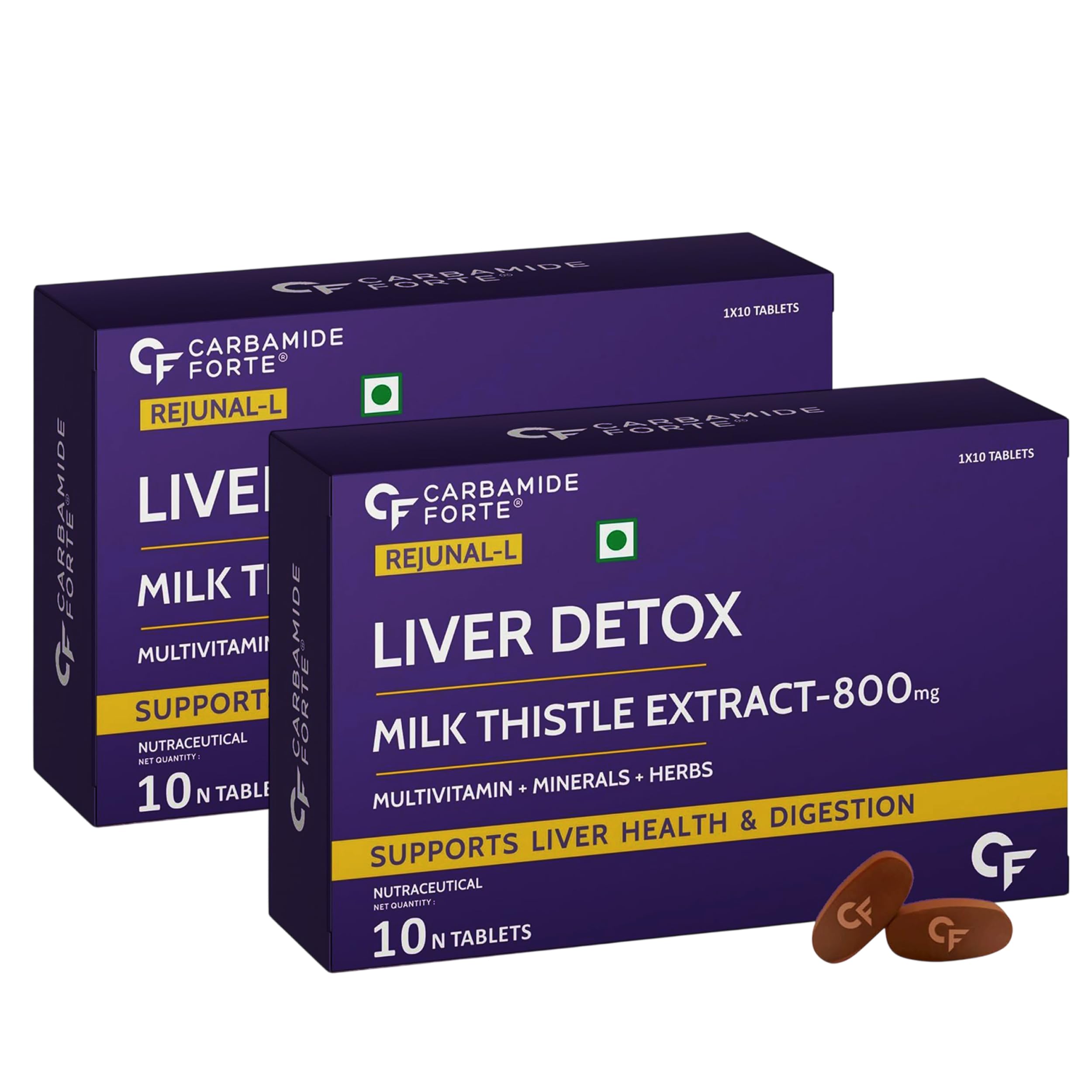 Carbamide Forte Liver Support Supplement with Milk Thistle Extract 800mg (30:1), Multivitamins & Amino Acid | Liver Detox Supplement 10 Veg Tablets (Pack of 2)
