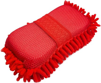 Microfiber Car Wash Sponge, Scratch-Free Vehicle Washing Mitt with Chenille & Mesh Sides, Highly Absorbent Sponge Lint-Free Cleaning Tool for Car Washing & Detailing Red