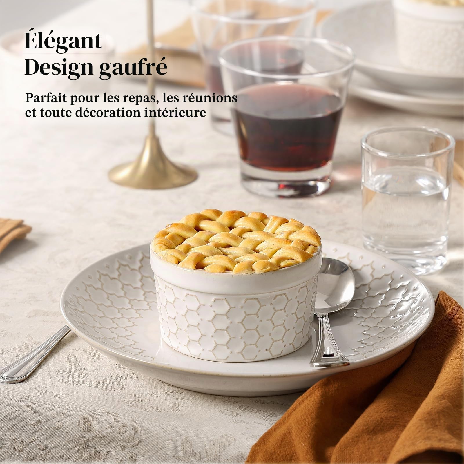 DOWAN Lot de 6 ramequins en porcelaine avec couvercles pour crème brûlée - 230 ml - Passe au four - Pour desserts, cocottes et sauces