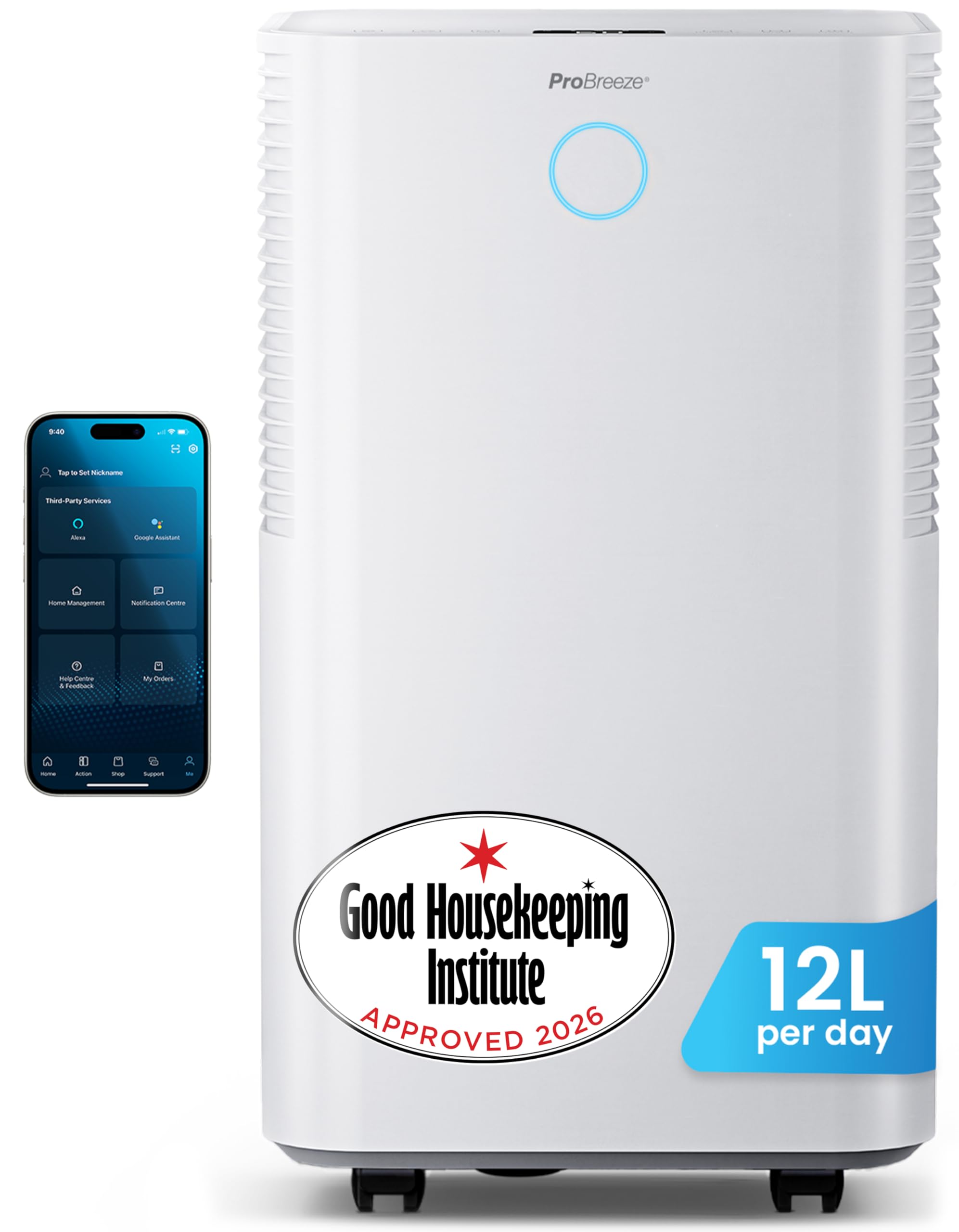 Pro Breeze White 12L/Day + Laundry Mode + Smart App Pro Breeze® Omnidry 12L/Day Dehumidifier With Automatic Humidity Sensor & Display, 24Hr Timer, Laundry Drying, Continuous Drainage (White, 12 Litres + Smart App)