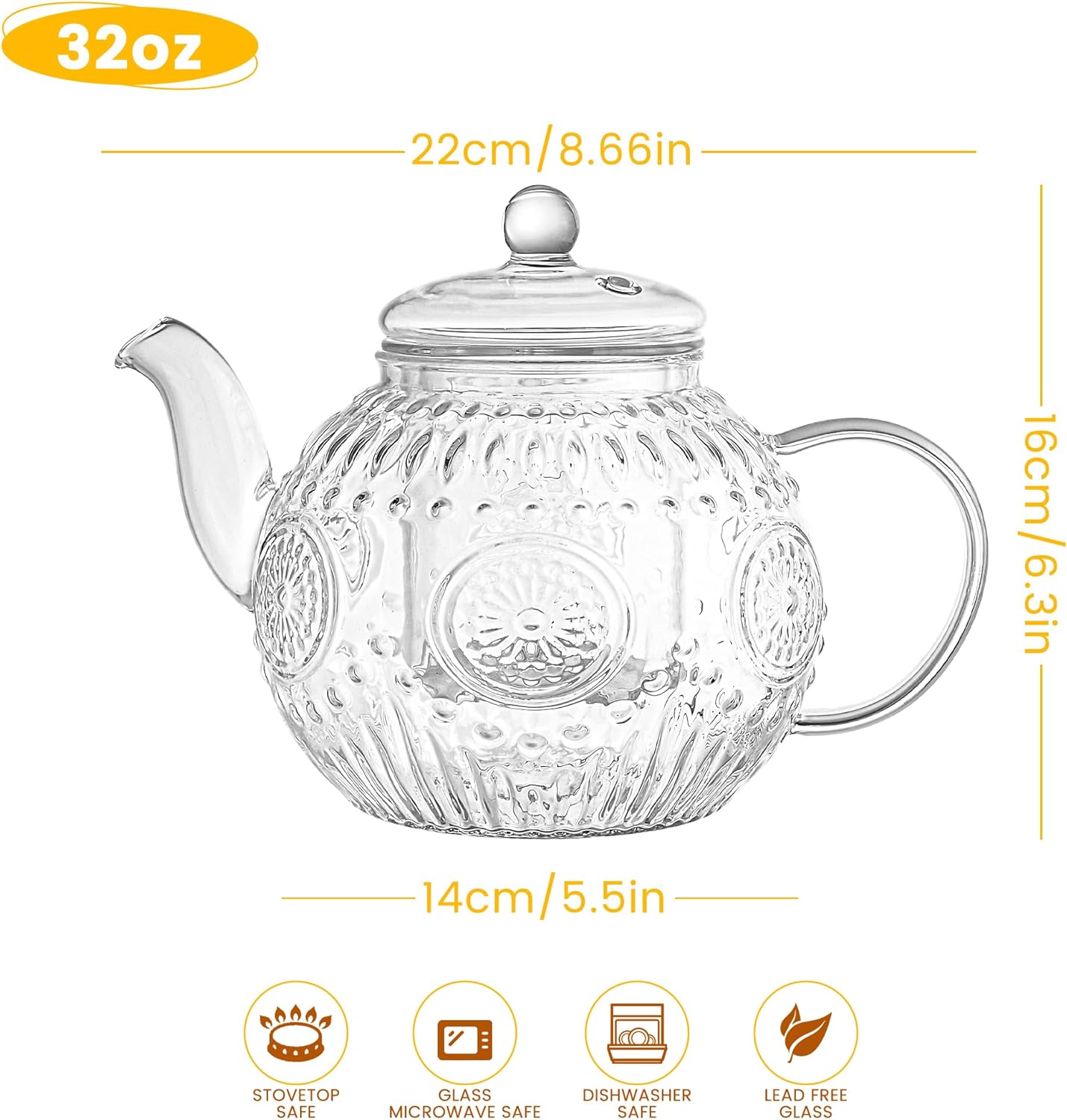 Bandesun Vintage Glass Teapot, Tea Kettle with Removable Infuser 32OZ/1000ml, Borosilicate Glass Pot -Stovetop Safe, Blooming & Loose Leaf Tea Maker Set - Image 2
