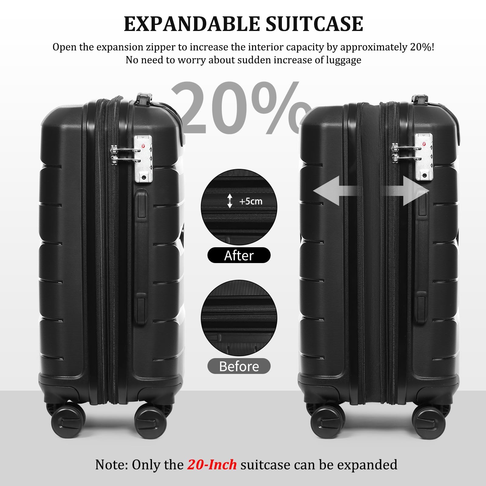 Sea choice Valise Cabine Extensible Valise Rigide légère en PP avec 4 roulettes Doubles Pivotantes avec Fermeture éclair, approuvé Serrure TSA, avec Vanity, 55x39x21cm
