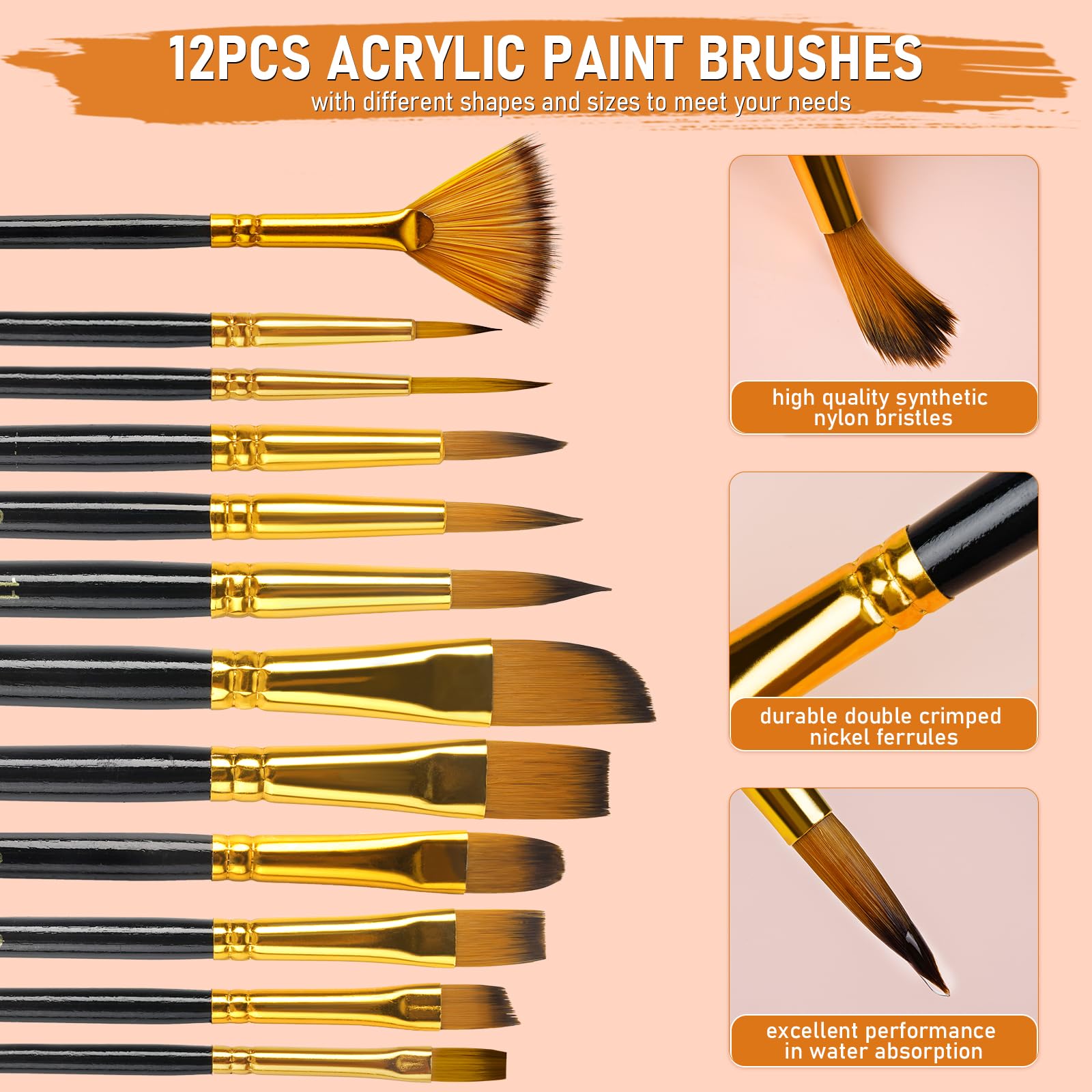 Nicpro 68 Pcs Kit De Peinture, Peinture Acrylique De 12ML X 24 Couleurs, Avec Chevalet De Table, 8 Plaques De Toile 12 Pinceaux, Tasse De Nettoyage, Éponge, Palette Pour Artiste Débutant