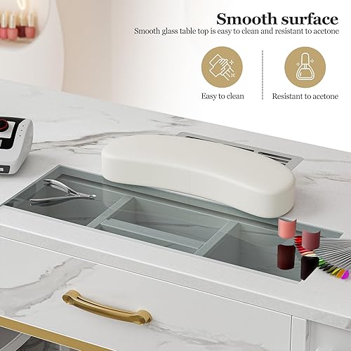 Miniatura 7 de Paddie Mesa de manicura con colector de polvo, estación de escritorio de uñas con 7 cajones de almacenamiento y estantes abiertos de 3 niveles