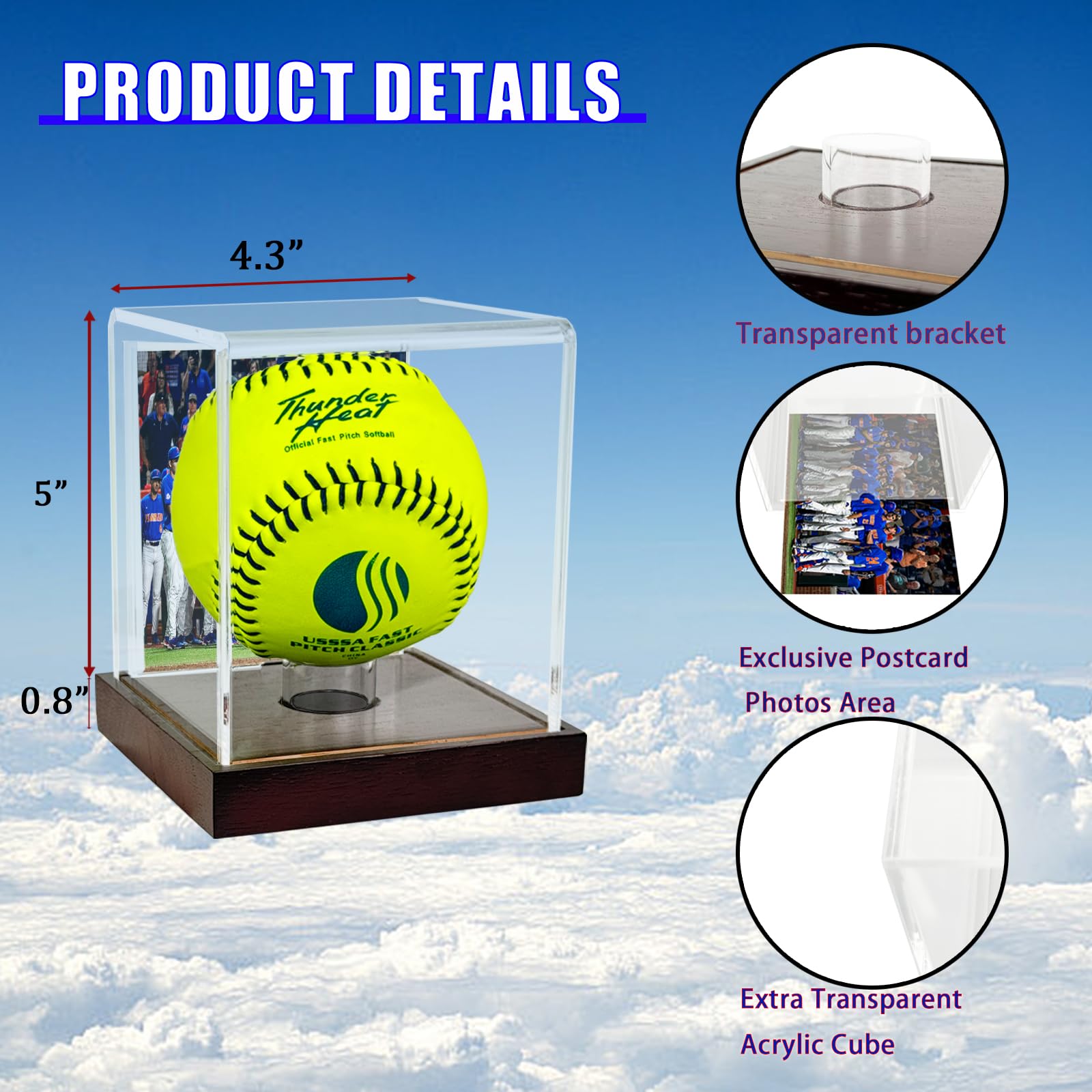 Vitrina de sóftbol, soporte de bola de acrílico transparente, cubo con protección UV con base de madera, caja de colecciones deportivas de campeonato (tamaño de 4.3 pulgadas)