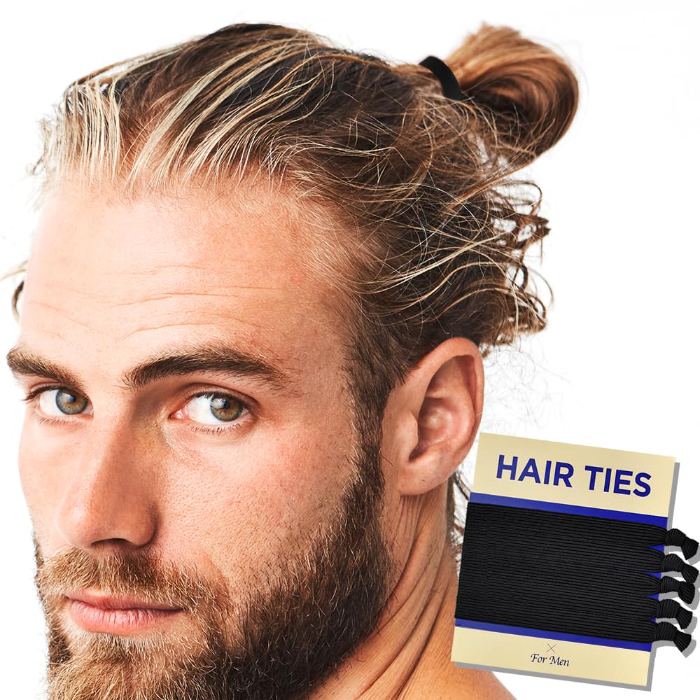 Knotted Mens Hair Ties For Men 5 pcs (Wide, Black) - No damage Crease Breakage Man Bun Hair Tie Men with Long Hair | For Buns Curly Thick Elastic Hair Ties For Guys | Perfect hairtie For Man