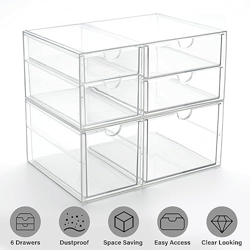 Miniatura 9 de Prsildan Organizador de maquillaje acrílico con 6 cajones (no para biberón), juego de 2 organizadores de escritorio de oficina, cajones de