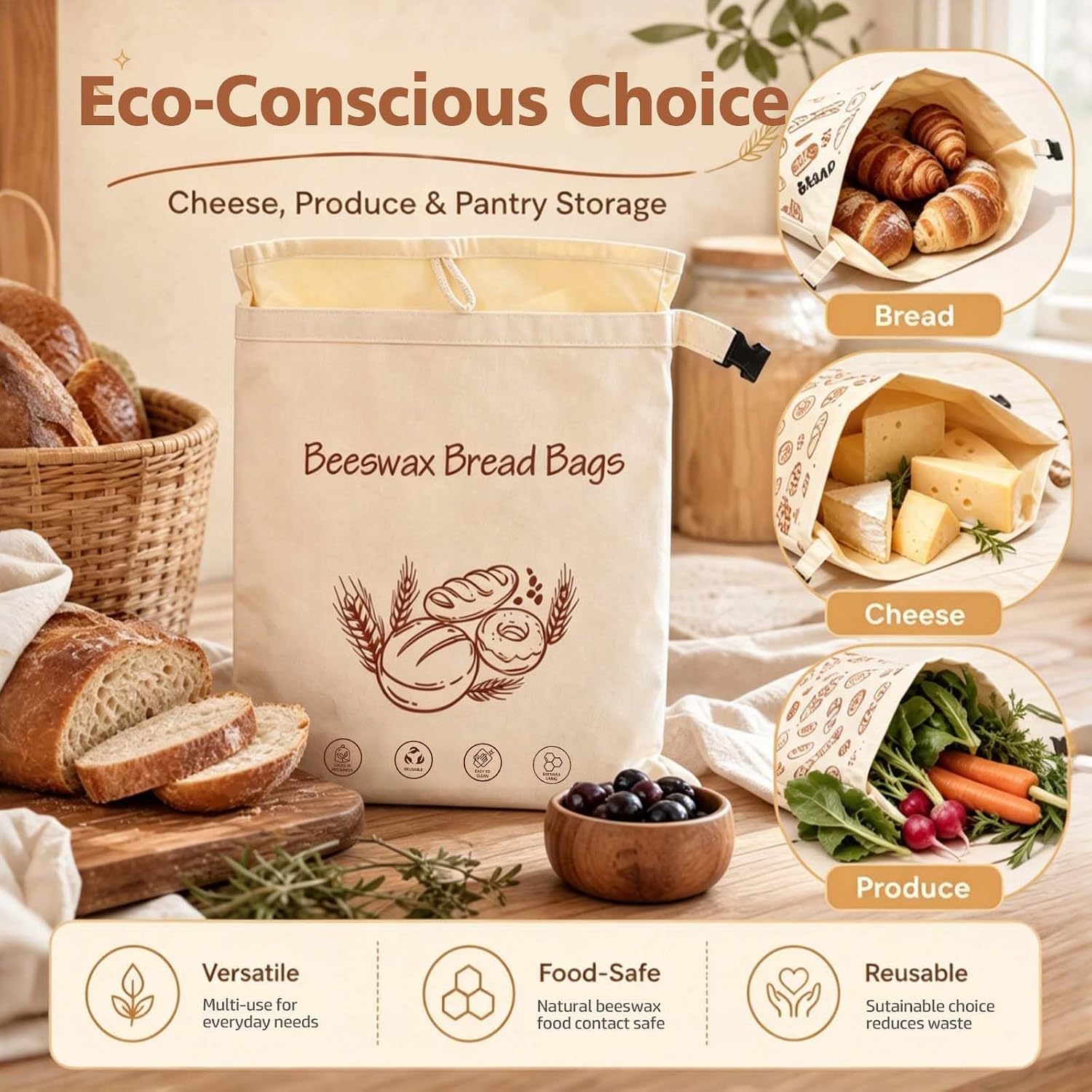 Reusable Beeswax Bread Bags for Homemade Bread (2-Pack) - 17 x 13inch Sourdough Bread Storage Bag with Removable Inner Liner, Eco-Friendly Cotton Waxed Bread Keeper for Freshness, Large