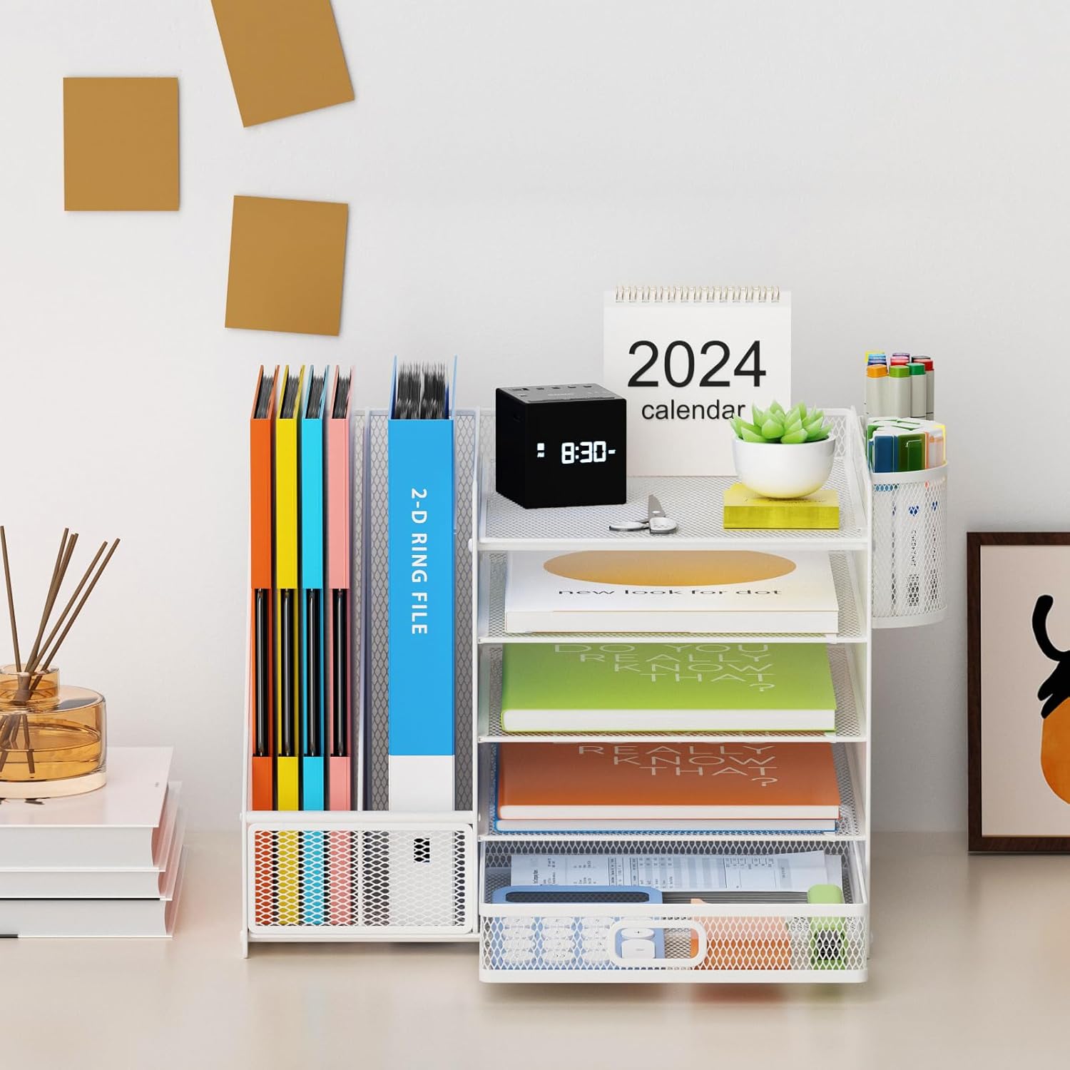 Lavatino Desk Organizer with File Holder, 5-Tier Paper Letter Tray Organizer with Sliding Drawer and 2 Pen Holder, Mesh Desktop File Organizer for Office Supplies, White - Image 3