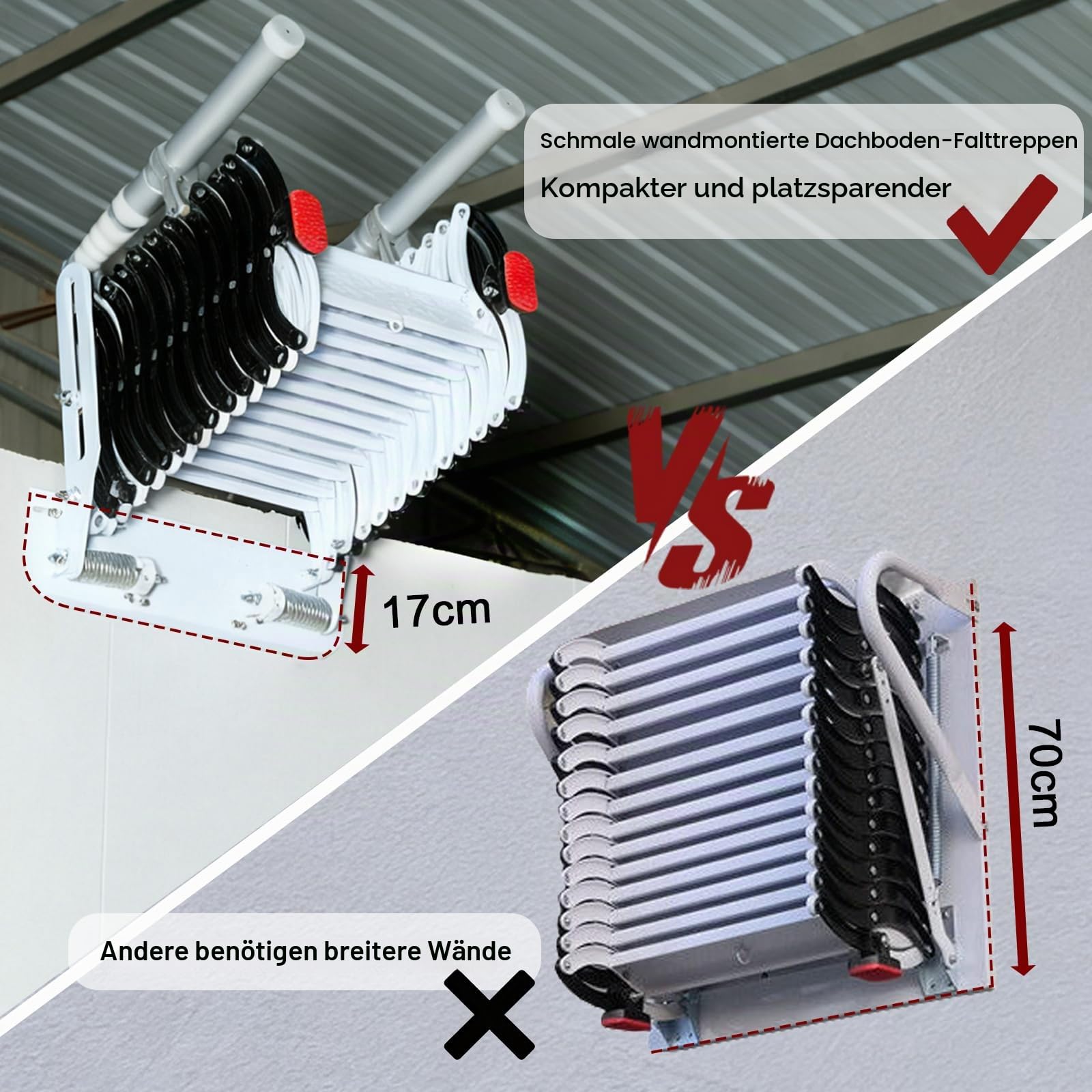 12 Stufen Wandmontierte Dachbodenleiter, Einziehbare mit 2 Handlauf Ausziehbare Klappleiter, Robustem Faltsystem, für Wohnzimmer, Büro, Schlafzimmer, Garage & Balkon (2.9-3.0m/9.5-10ft)