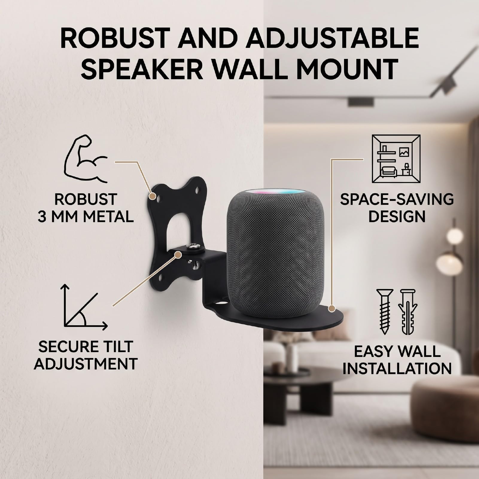 Supporto da Parete per Altoparlante Wireless, Staffa da Montaggio, | Staffa in Metallo 3 Mm, Salvaspazio, Angolo Regolabile, Viti Incluse, Base Stabile, Adatta Alla Casa