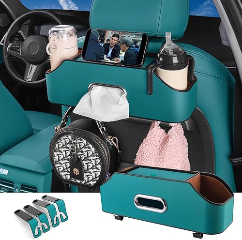 HOLDCY Organizador de asiento trasero de automóvil con 2 portavasos para bebidas, caja de pañuelos y gancho para caja de almacenamiento,