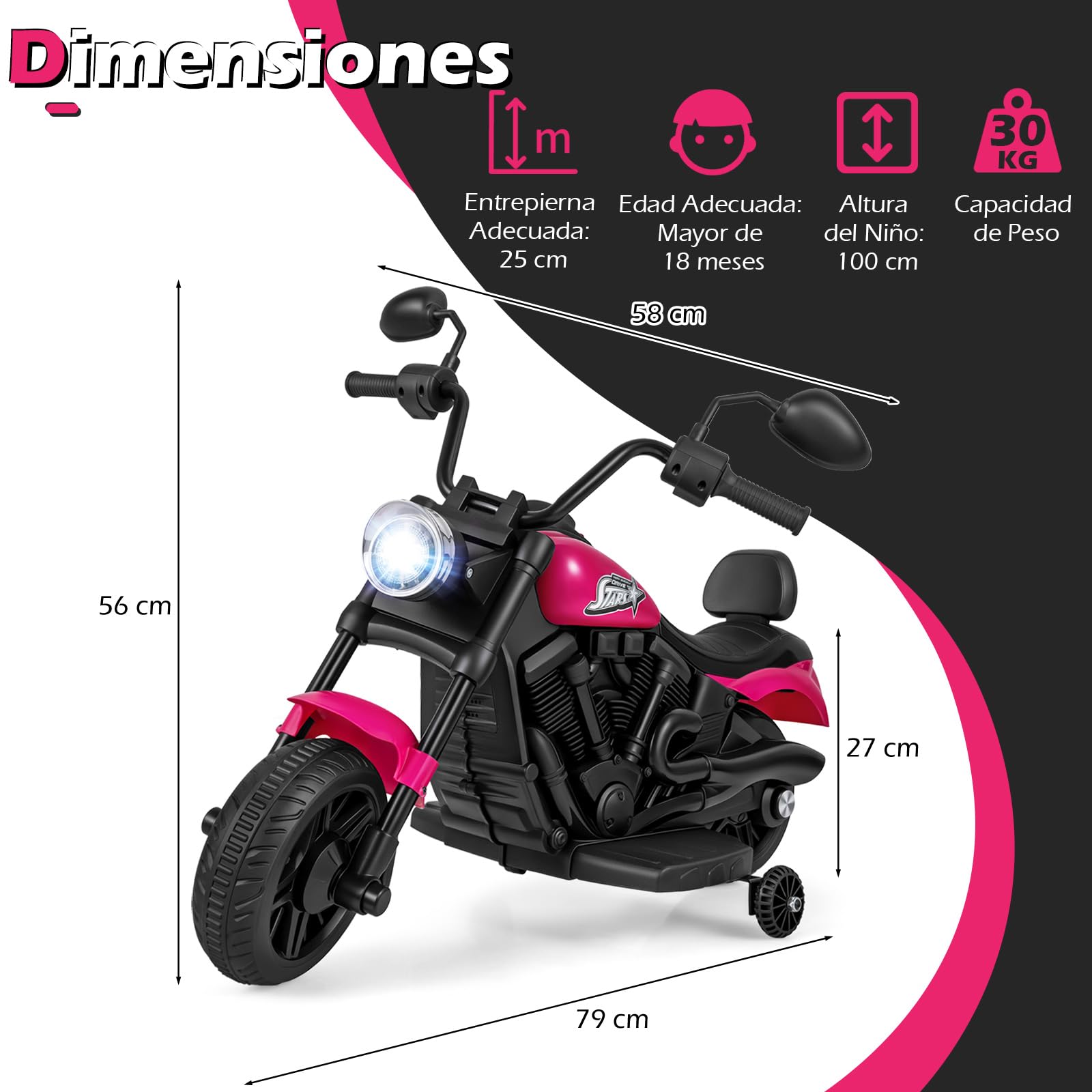 COSTWAY Moto Eléctrica para Niños, 6V Motocicleta de Batería con Faro LED, Música, 2 Ruedas de Entrenamiento, Pedales y 2 Espejos Retrovisores, Moto Infantil para Niños de 18+ Meses (Rosa)