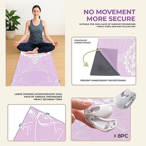 Miniatura 4 de Yoga Mat Towel with Corner Pockets & Non-Slip Clips, Microfiber Sweat-Absorbent Quick-Dry Mat Cover for Hot YogaPilates, Machine Washable, 72x25