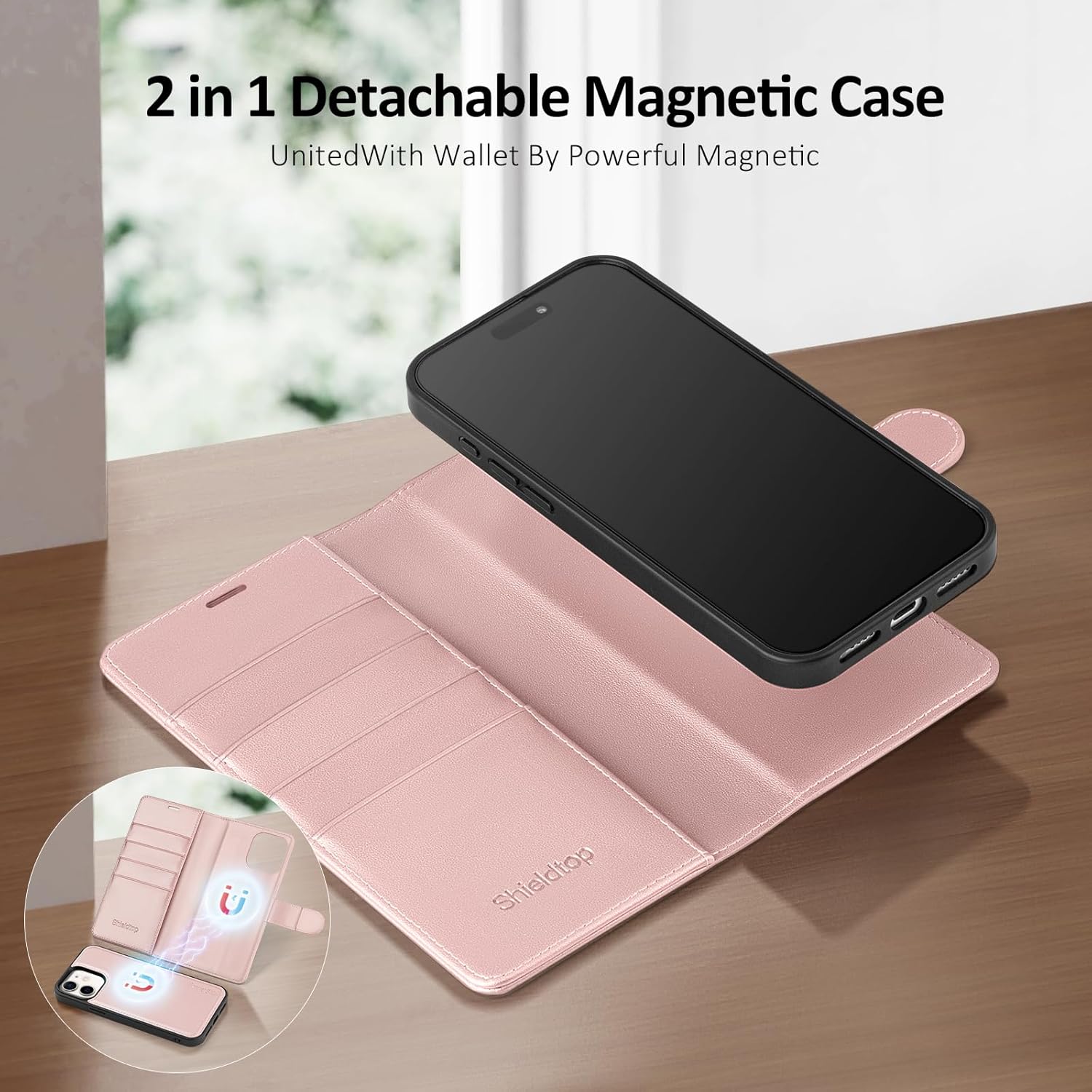 Shieldtop Compatible Magsafe Magnetic 2 in 1 Detachable iPhone 11 Wallet Case with Card Holder Credit Card Slots Men Women,PU Leather RFID Blocking Flip Kickstand for Apple 11 6.1",Rose Gold