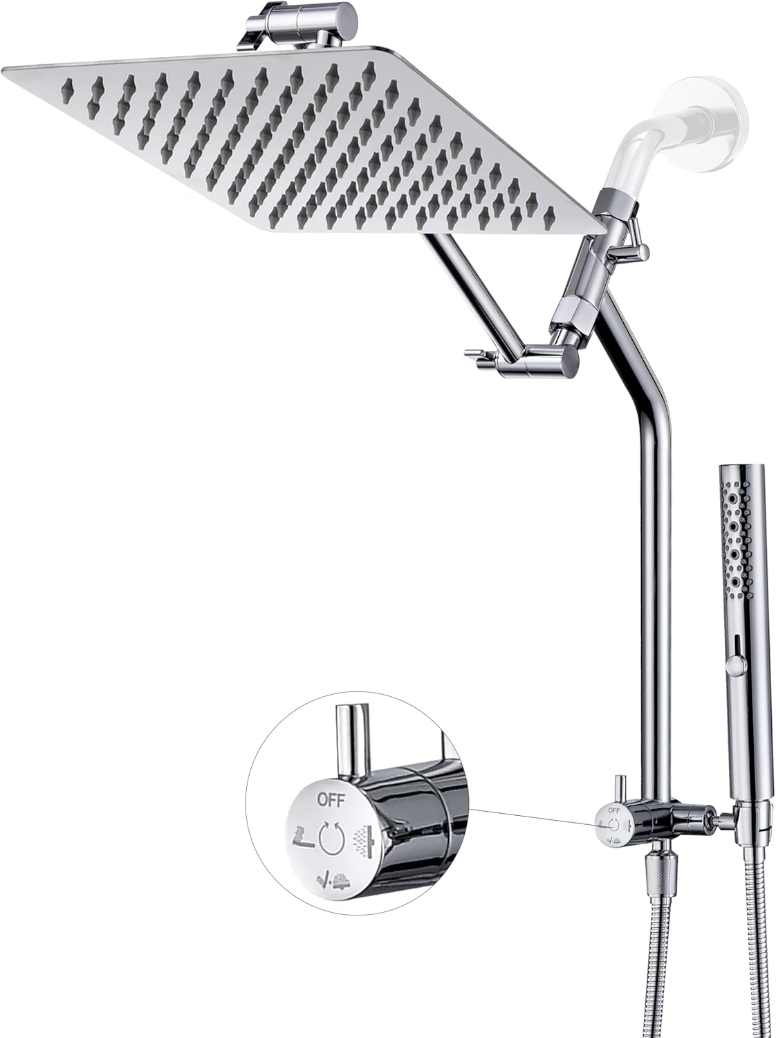 G-Promise All Metal Rain Shower Head with Massage Mode Handheld Spray Combo, 13.5 Inch Extended Diverter with Low Handheld Holder，6-Inch Shower Arm with Flange,Stainless Steel Shower Pipe Replacement